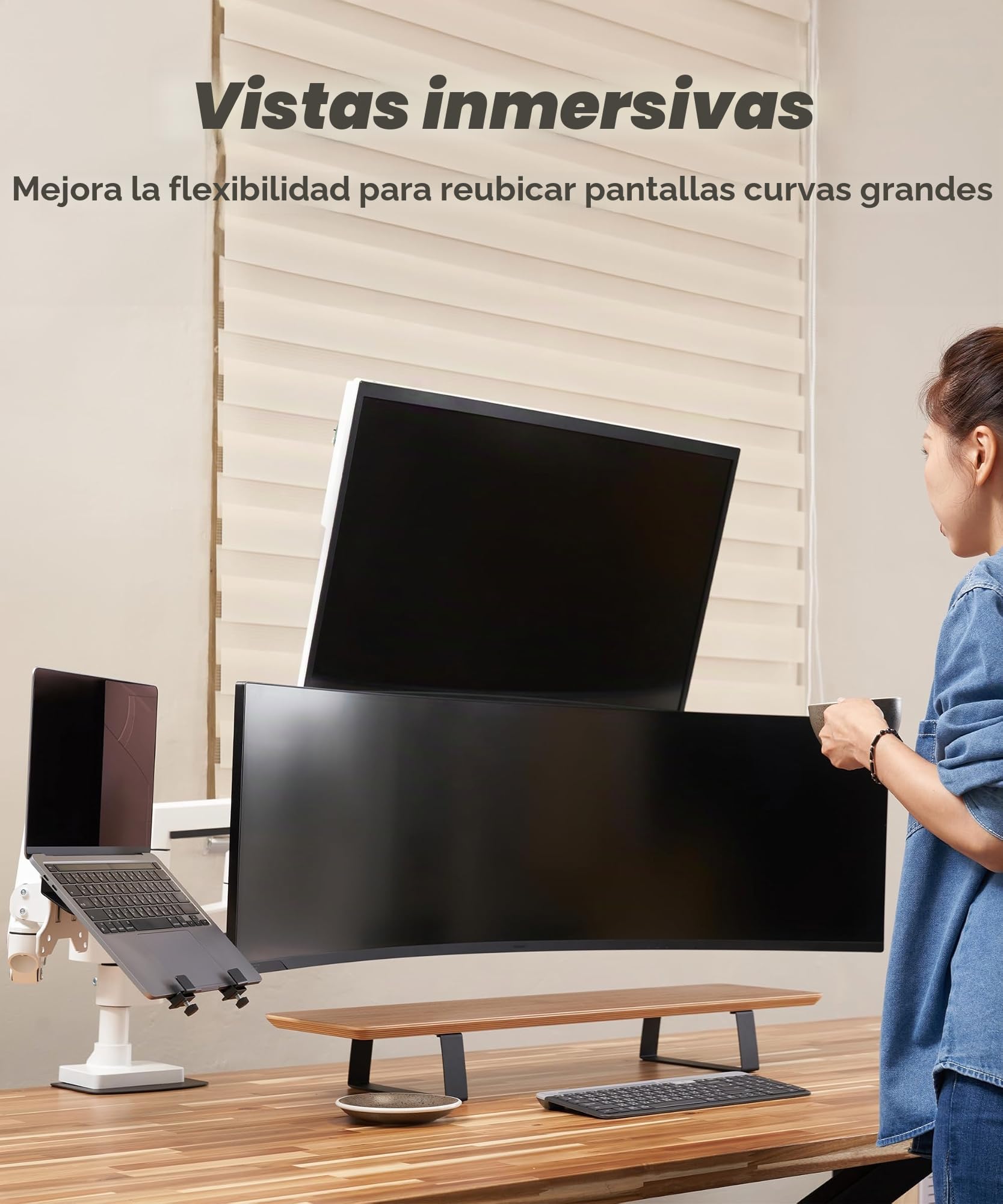ULTRARM Brazo para Monitor Curvo ultrawide, Resistente, diseño Modular | Máx. 57", 20 kg, pantallas 900R, VESA 100x100, altura ajustable neumática, pinza C y pasacables, Blanco, MA20PW-S