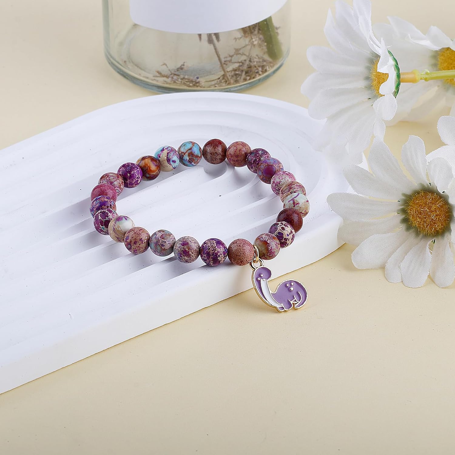 PARTNER Dinosaur Inspirational Birthday Gifts for Women Best Friends Unique Gifts Natural Stone Beaded Bracelets for Women&Men Agate Beaded Jewelry with Meaningful Message Card For Dinosaur Lover,Comes Packaged - Image 2