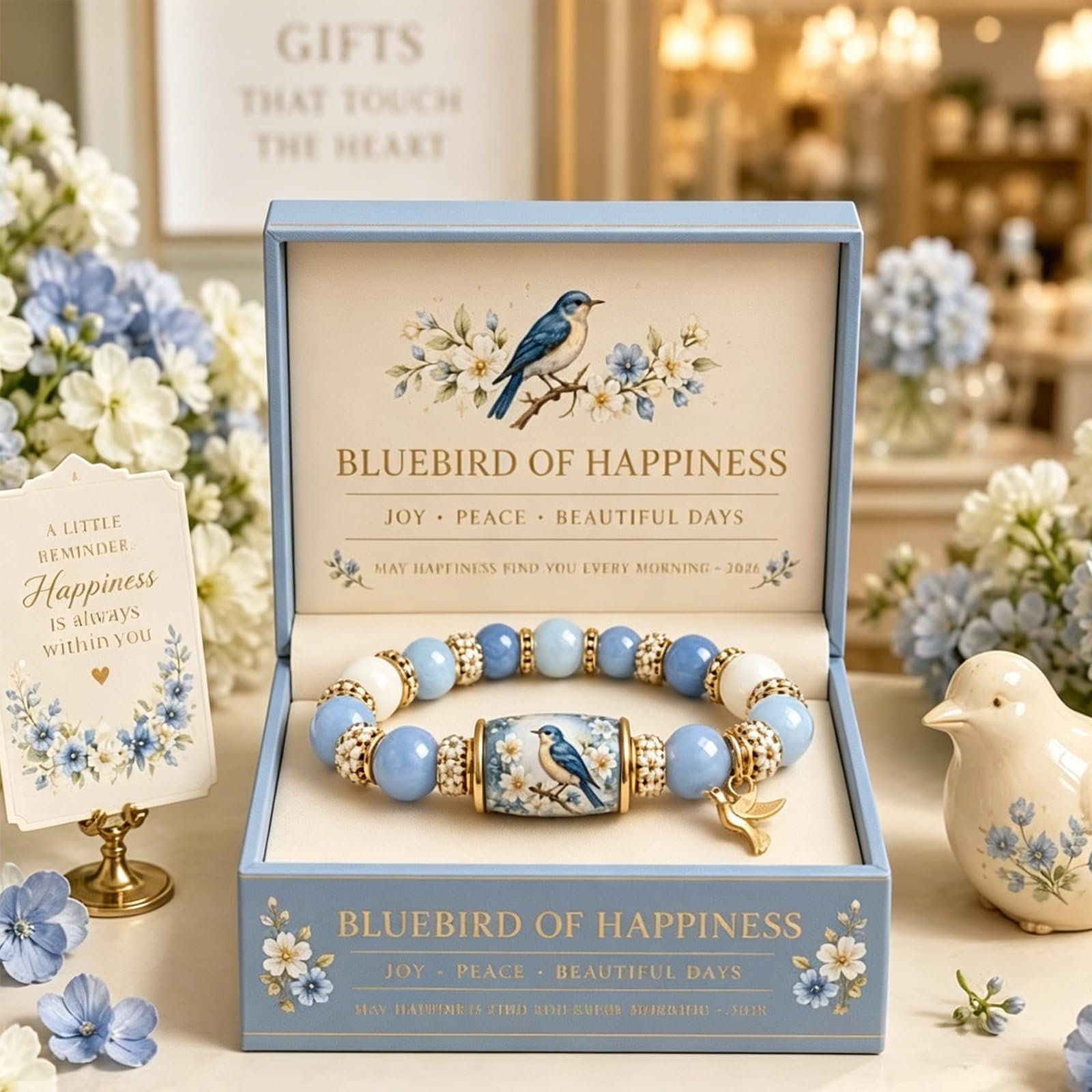 Generico Bracciale Bluebird Blessings con confezione regalo, braccialetto di benedizione della farfalla colibrì, braccialetto ispiratore con ciondolo a forma di uccello per donne e uomini