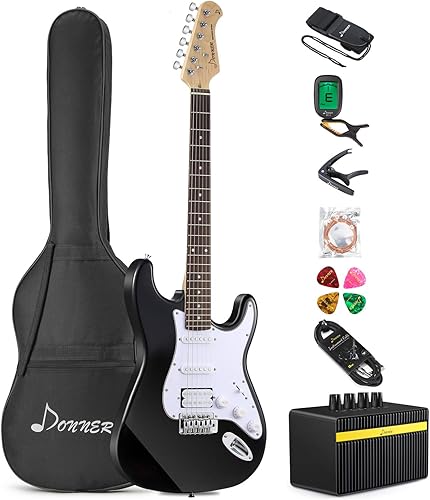 Donner DST-1B Full-Size Zoll E-Gitarre Set Schwarz mit VerstA rker  Tasche  Capo  Gurt  Saite  Tuner  Kabel und Gitarre Plektren