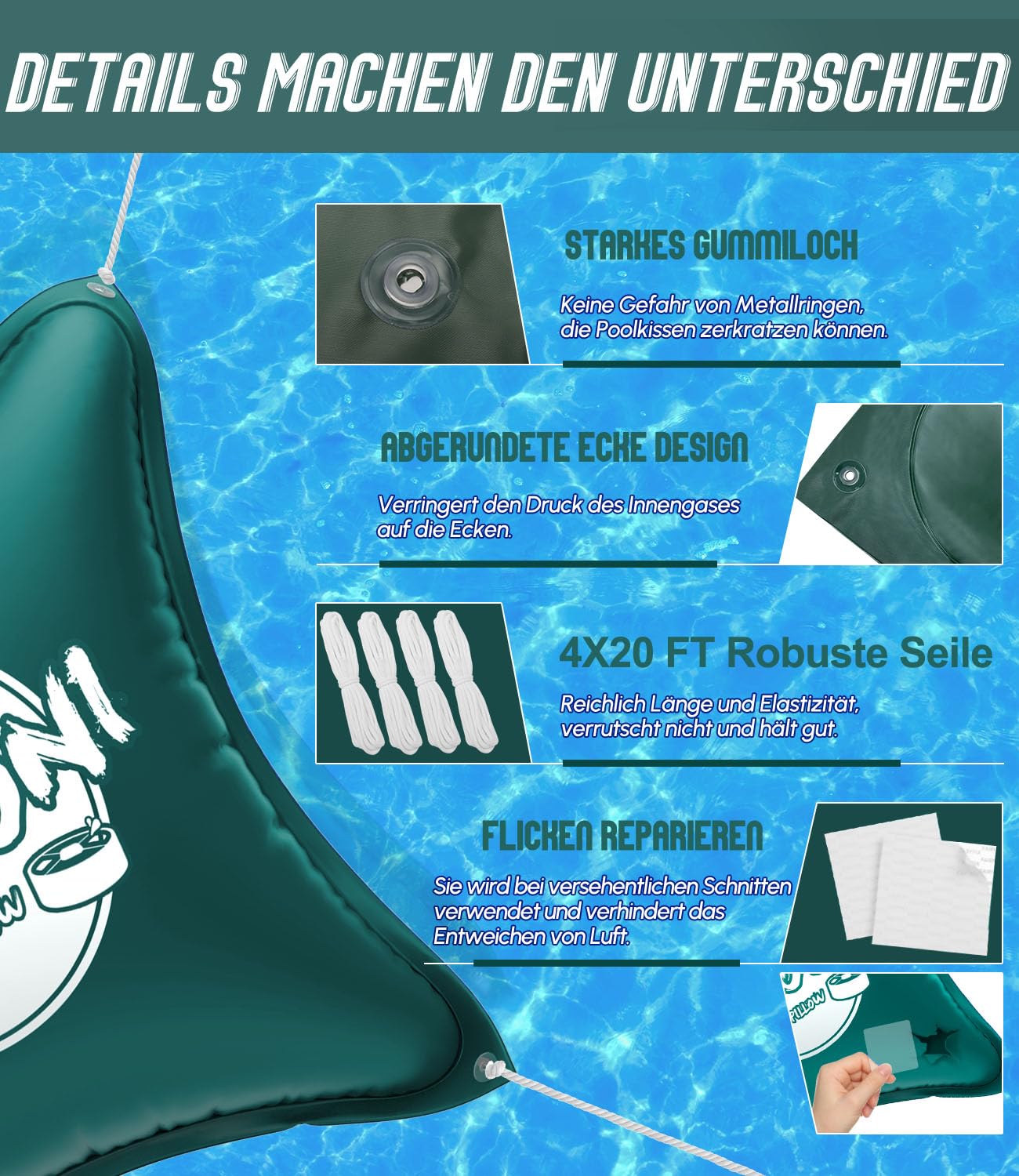 Angooni Poolkissen Winter 200 x 450 cm XXL (für 320-750 x 550-860 cm Pools) | Luftkissen Pool mit Doppelnaht zur Poolabdeckung | Pool Kissen für den Winter mit Boston Dual-Inflation Ventil | Grüner