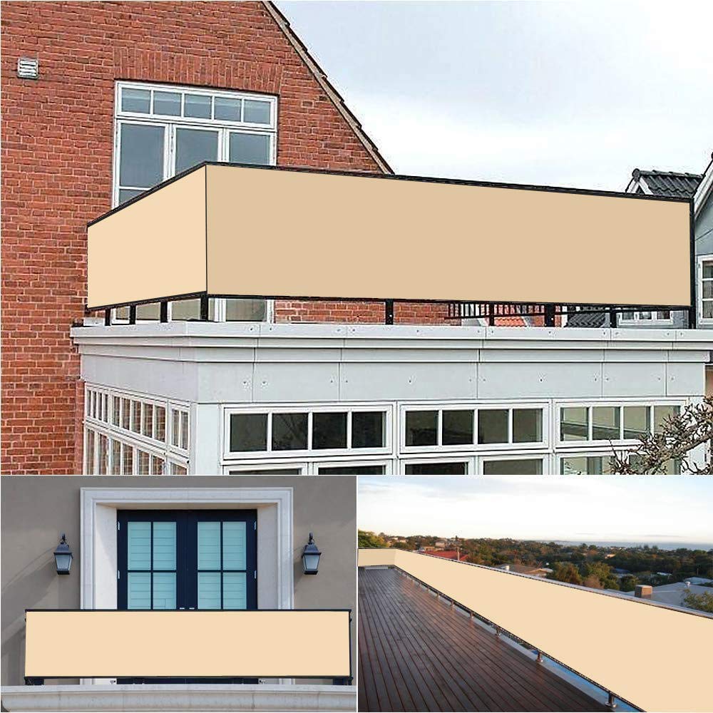 Balkonabdeckung 150x700cm Wetterbeständig Windschutz mit Kabelbinder und Kordel Ideal für Balkon Terrasse und Garten, Messme/Weiß Beige