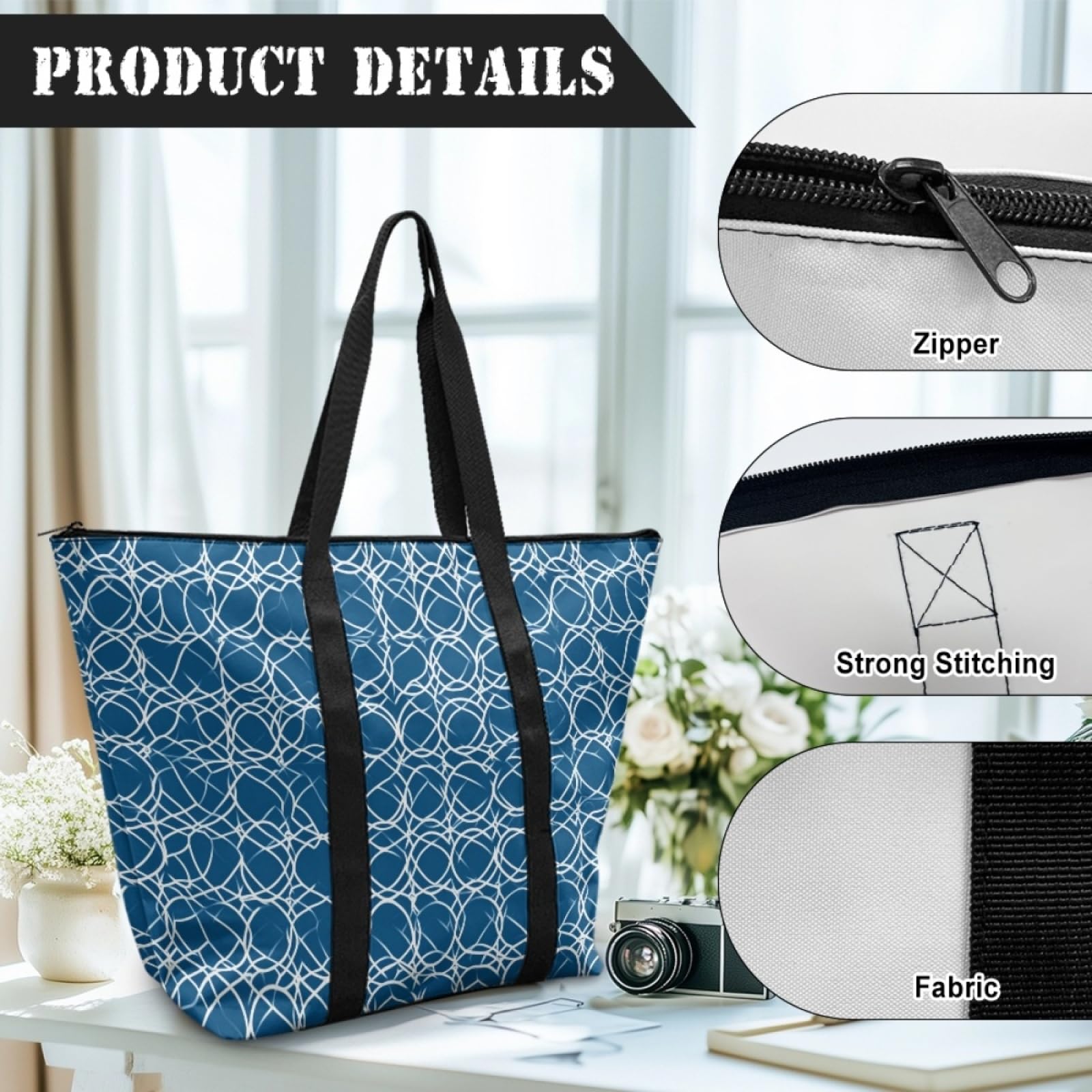 Tote Bag Tela Bolsas de Tela Poliéster Bolso de Mano de Mujer Reutilizable Bolsa Compra Plegable Tote Bag Cremallera Bolso Viaje Duradero Totebag