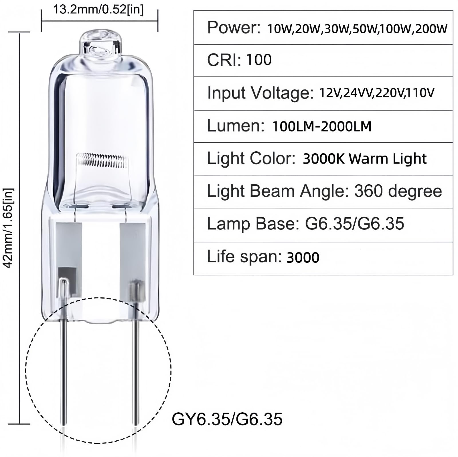 GY6.35 Halogen Bulbs 12v 24v 220v 110v 20w 30w 50w 70w 100w 150w 200w 3000k Warm Light,g6.35 Halogen Lamp Suitable for Chandelier Projector Pin Shadowless Bulbs 100pcs(/12V-100W)