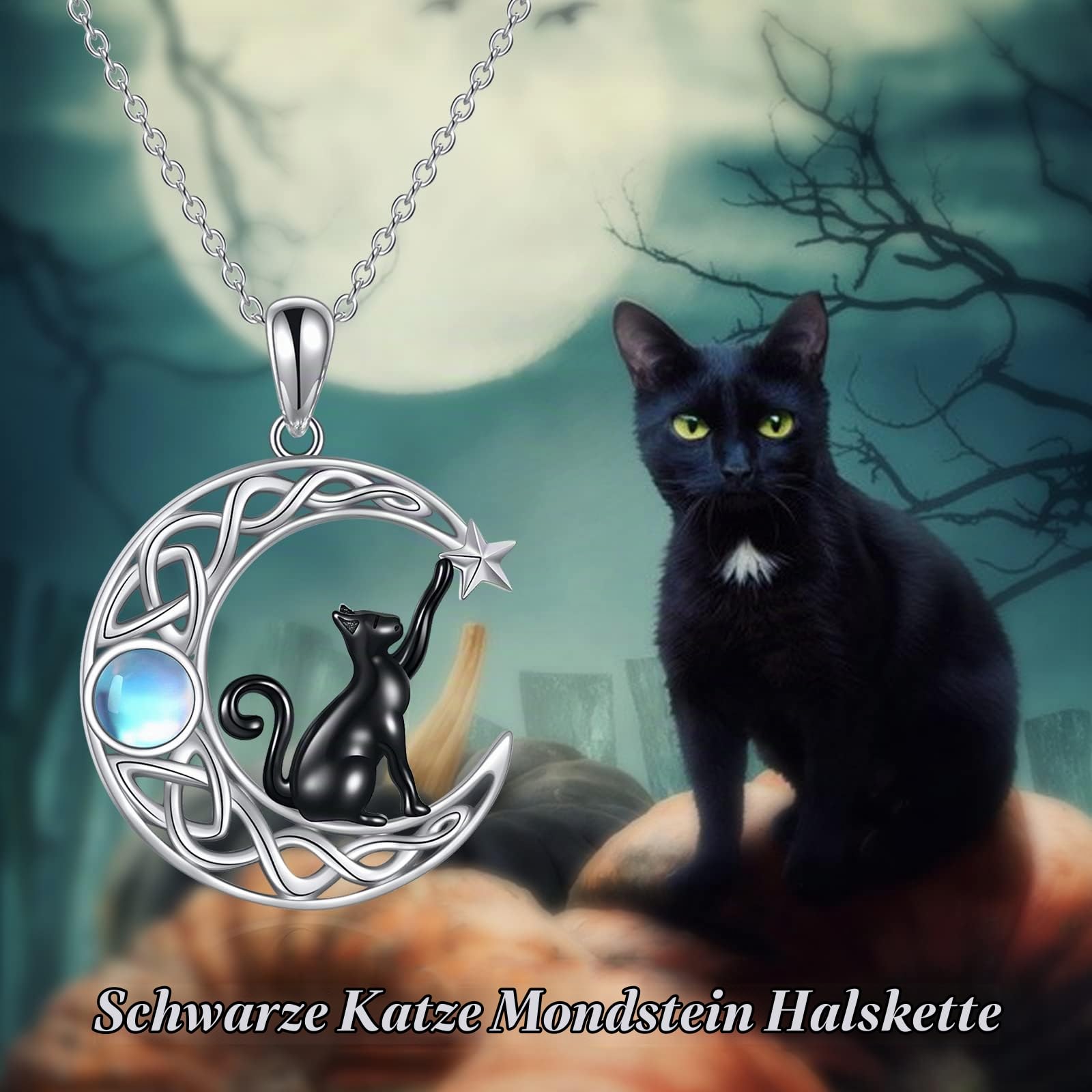 VONALA Katze Anhänger Kette, 925 Sterling Silber Tier Mond Halskette Schmuck Geschenk für Damen