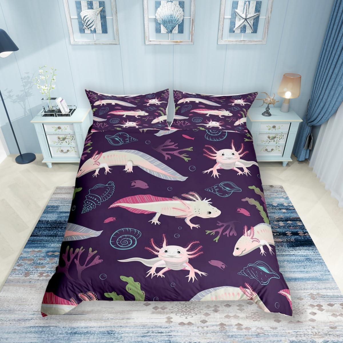 feelingyou Pink Axolotl Bedding Set Single Size,Cute Fish Coral Conch Duvet Cover for Kids Boys Bed Comforter Cover Set,Navy Purple Sea Theme Bedding Quilt Cover Set Decorative 2 Pieces