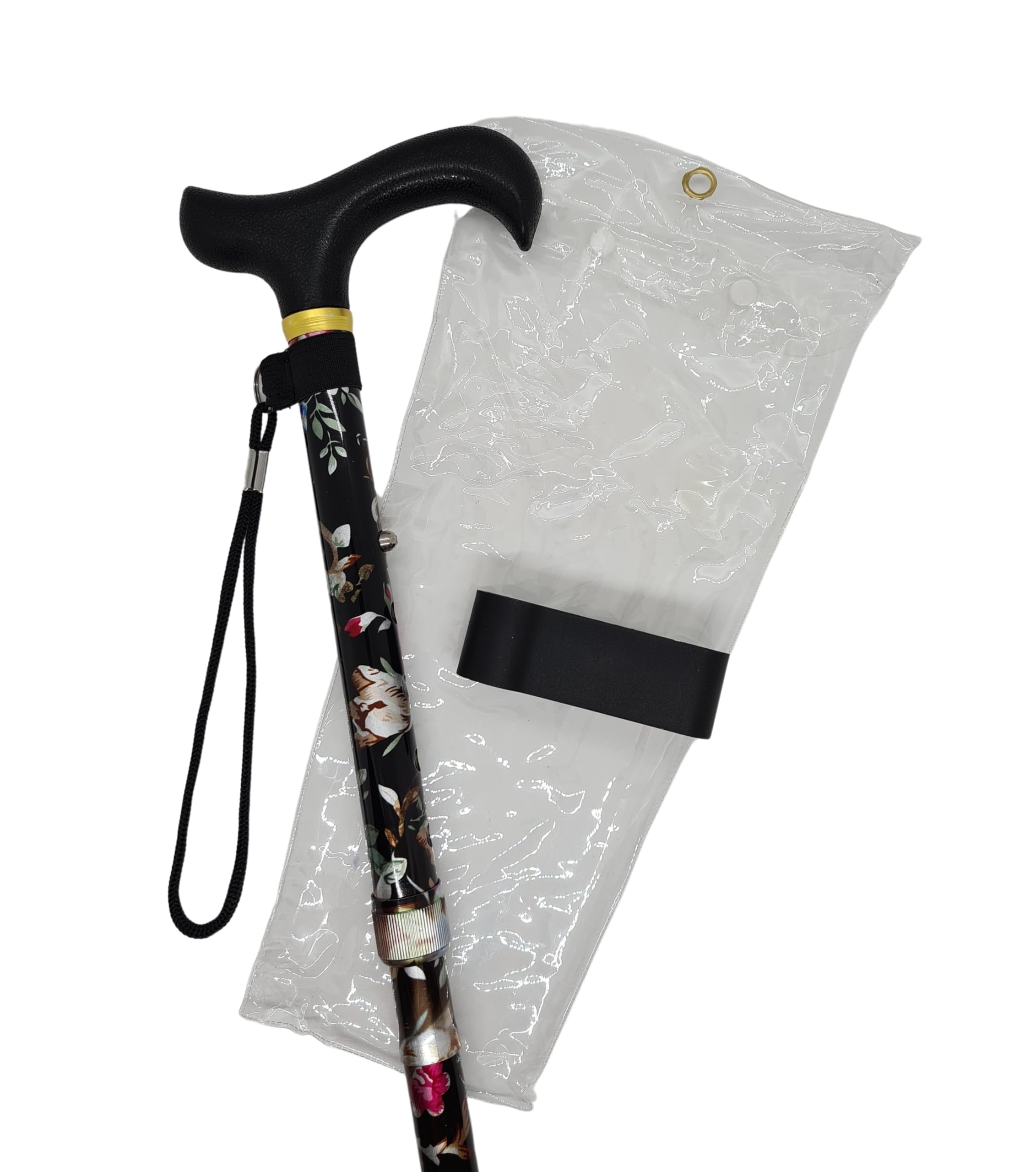 Stock-Fachmann® Höhenverstellbarer Faltbarer Gehstock Geblümt Mit Schwarzem Derbygriff Schmuckband Und Handschlaufe 5-Fach Höhenverstellbar Von 82-93cm Eigengewicht 350g Belastbar Bis 100kg