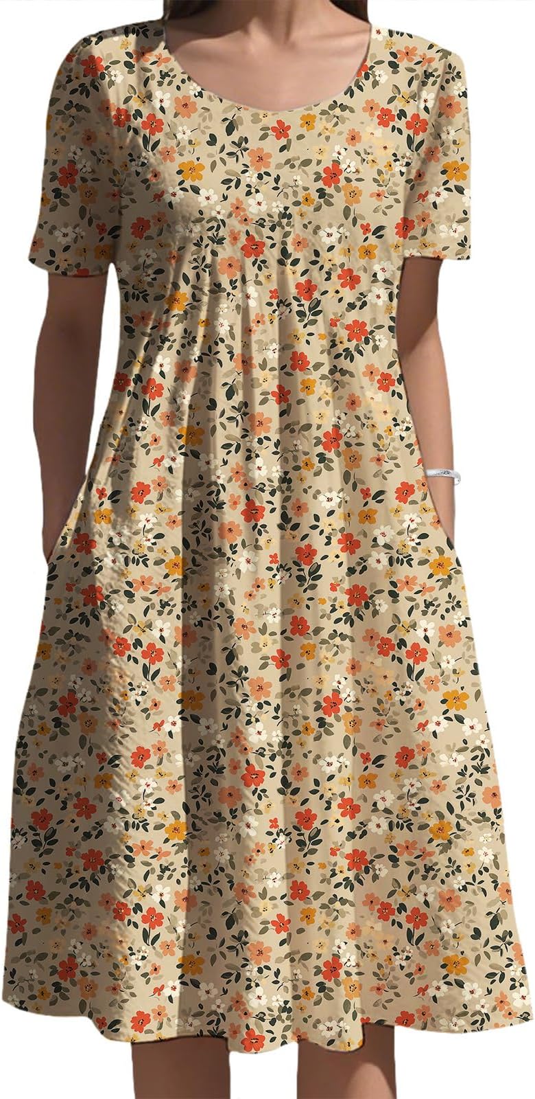 - Compact Floral Midi Dress Pockets Short Sleeve High Waist Crewneck Knee Length Flowy Sundress Summer