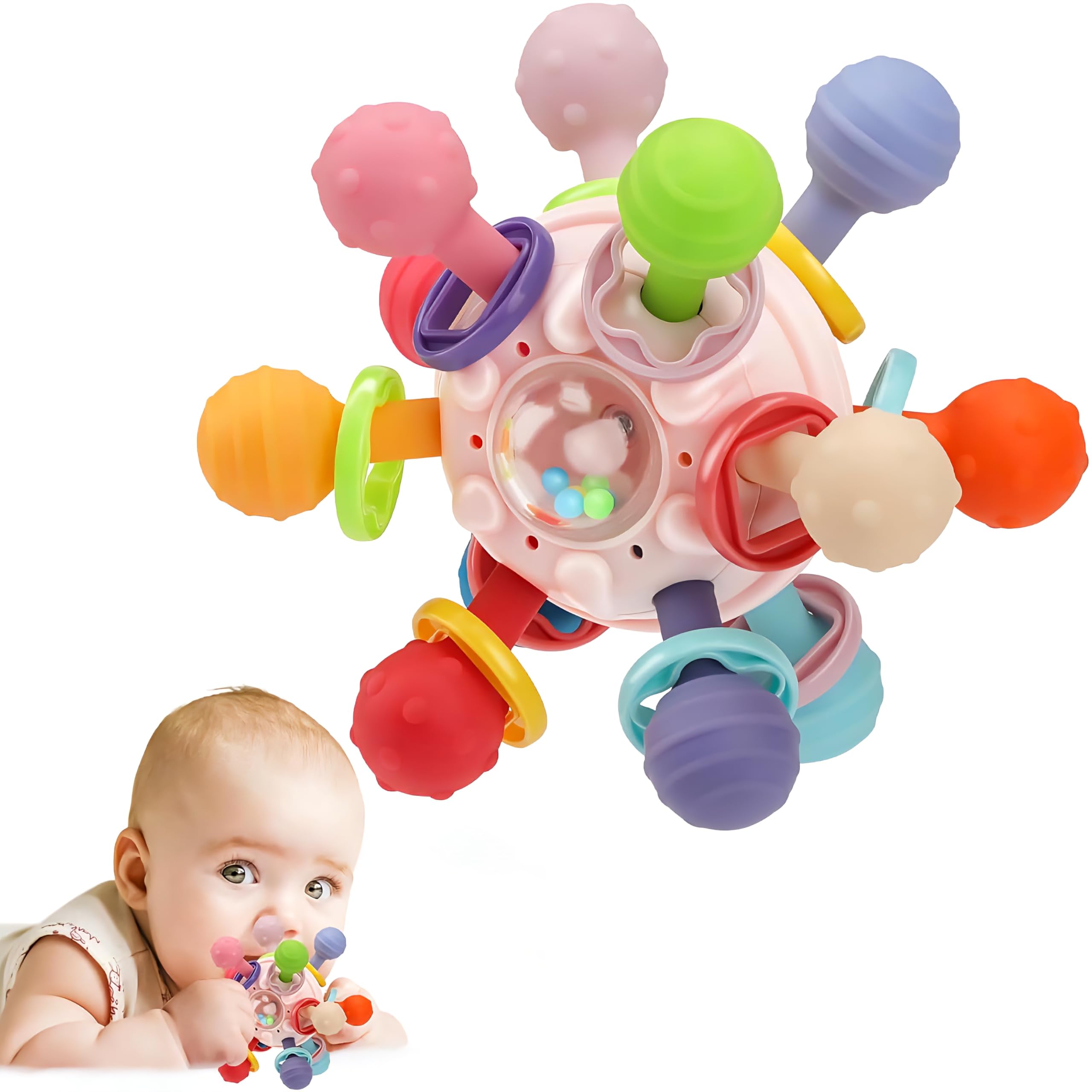 Brand Conquer Baby Sensory Toys for 0-6 6-12 Months, Baby Teether Teething Toys Gifts for Babies 0 3 6 9 12 18 Months Old Boys Girls, New-Born Infant Learning Developmental (Montessori Teether Pink)-image-3