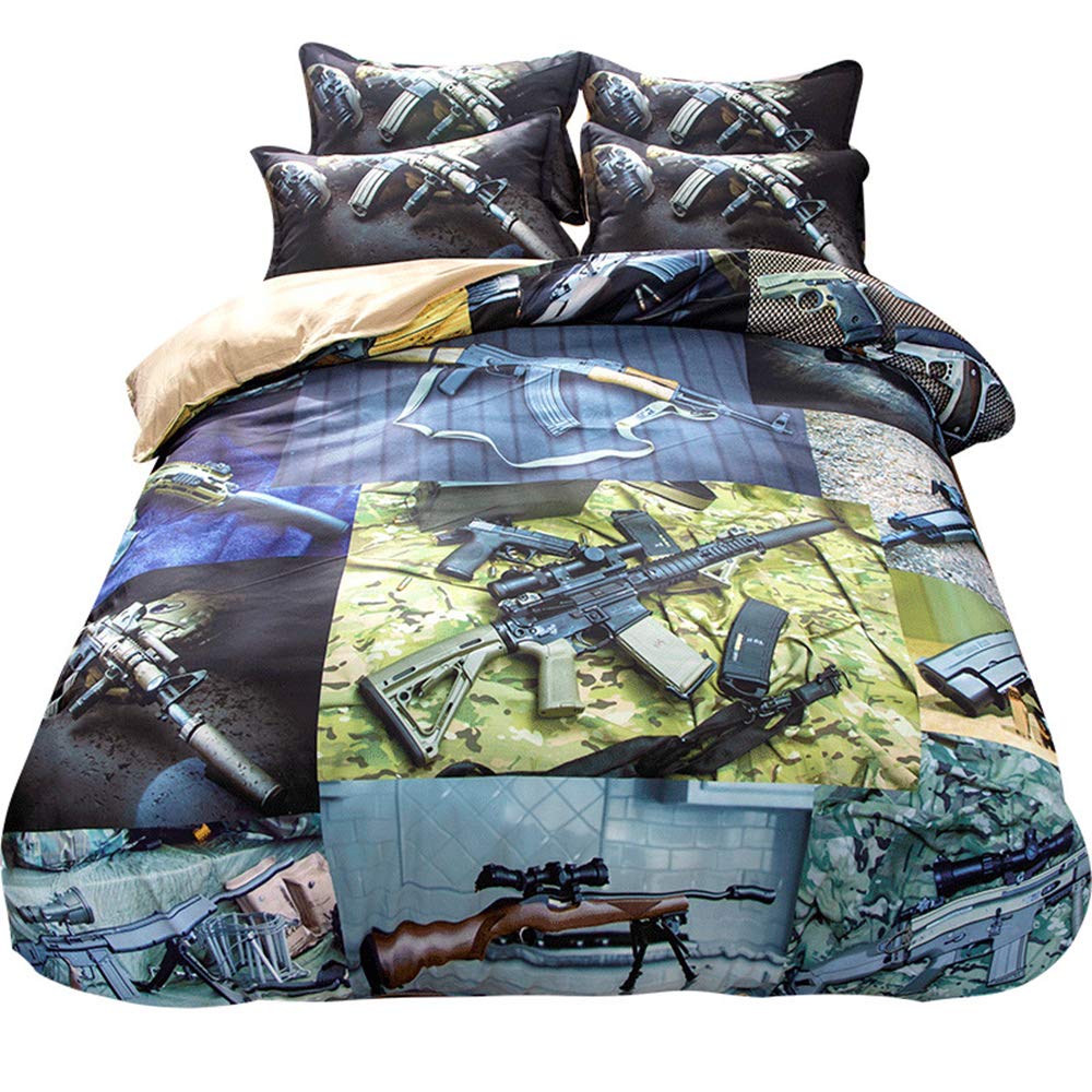 Housse couette 220x240 pistolet lit 2 personnes et ses 4 taies d'oreiller thème armée de terre