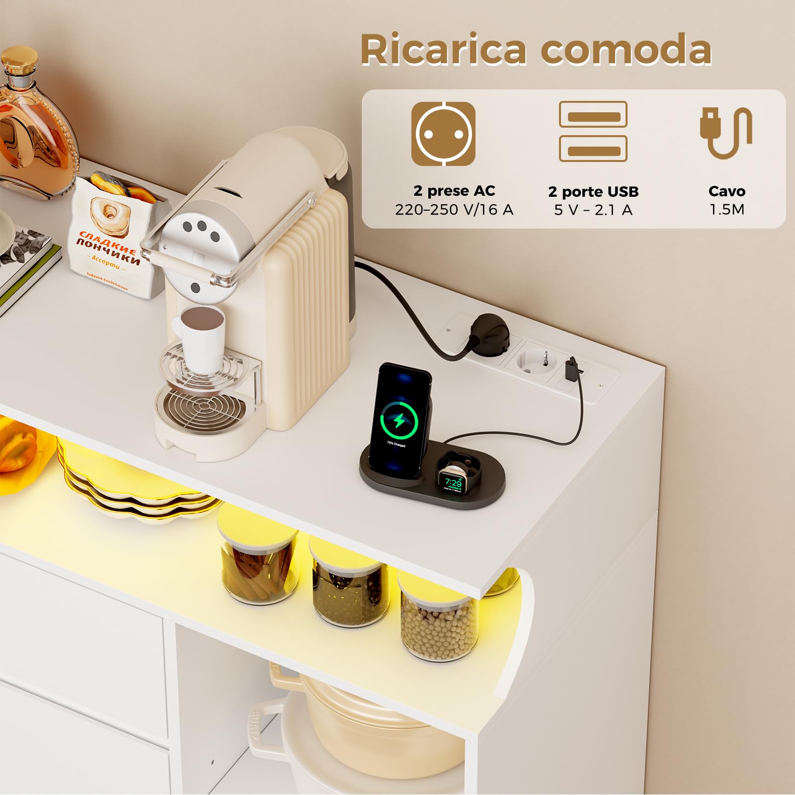 BEWISHOME Credenza cucina, mobile buffet, armadio domestico con multipresa e striscia luminosa a LED, piano di lavoro e 2 cassetti, ripiani regolabili, cucina, soggiorno, 100x80x35 cm, Bianco