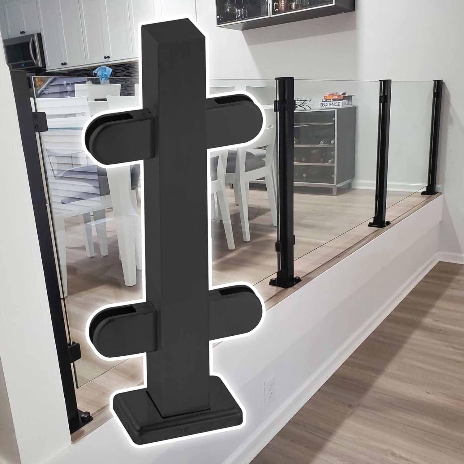 Poste de barandilla de vidrio negro, soporte de acero inoxidable con abrazadera de panel