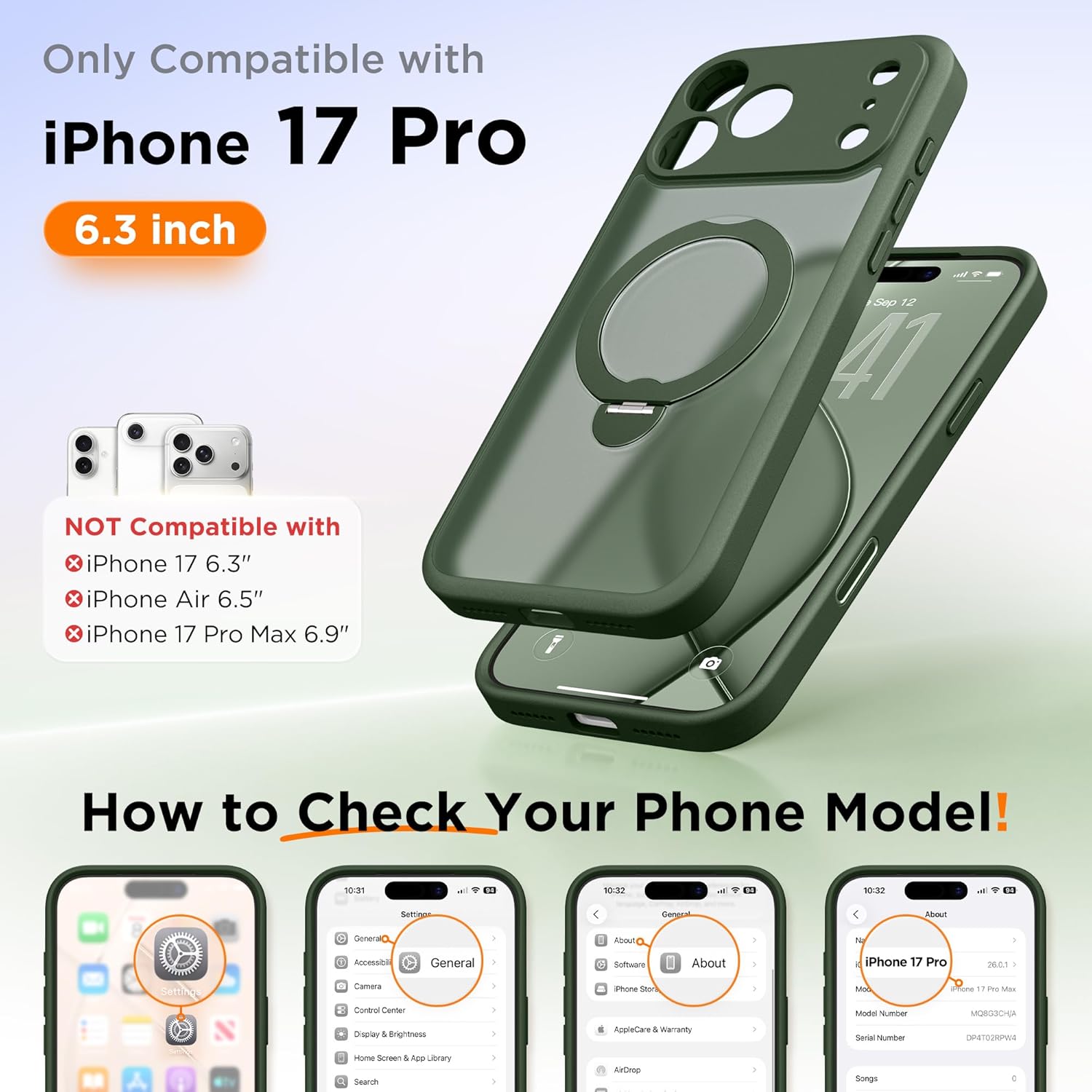 GolbinBox 360° Spin Magnetic Stand for iPhone 17 Pro Case, [Compatible with MagSafe] [Full Camera Protection] [16FT Military Drop Protection], Silm Translucent Matte Phone Case, Green - Image 2