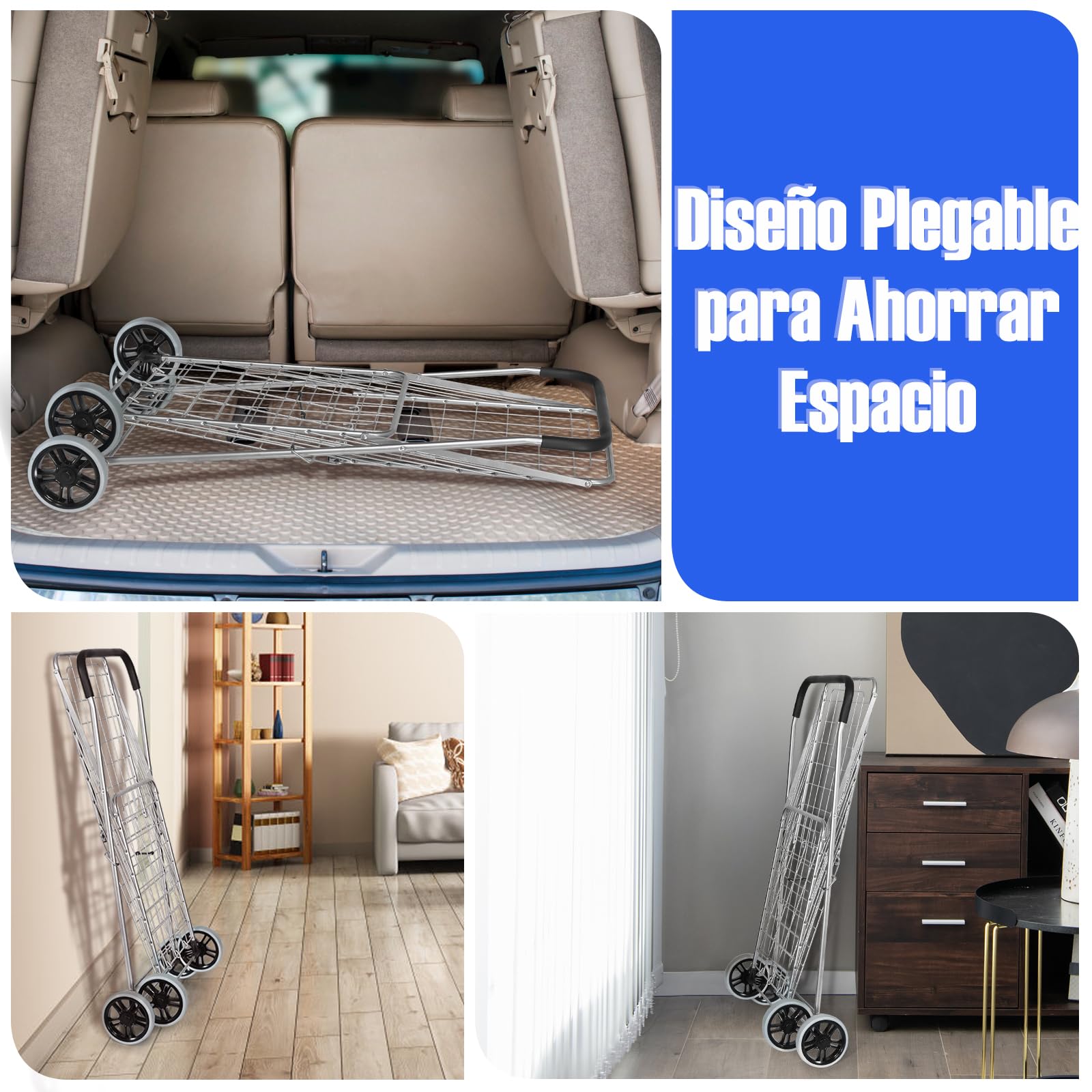 GYMAX Carrito Plegable 83 L, Carrito Multiusos Resistente con Asa y Ruedas Grandes, Carrito Versátil con Cesta de Metal para Almacenes, Supermercados y Lavandería (Plata)