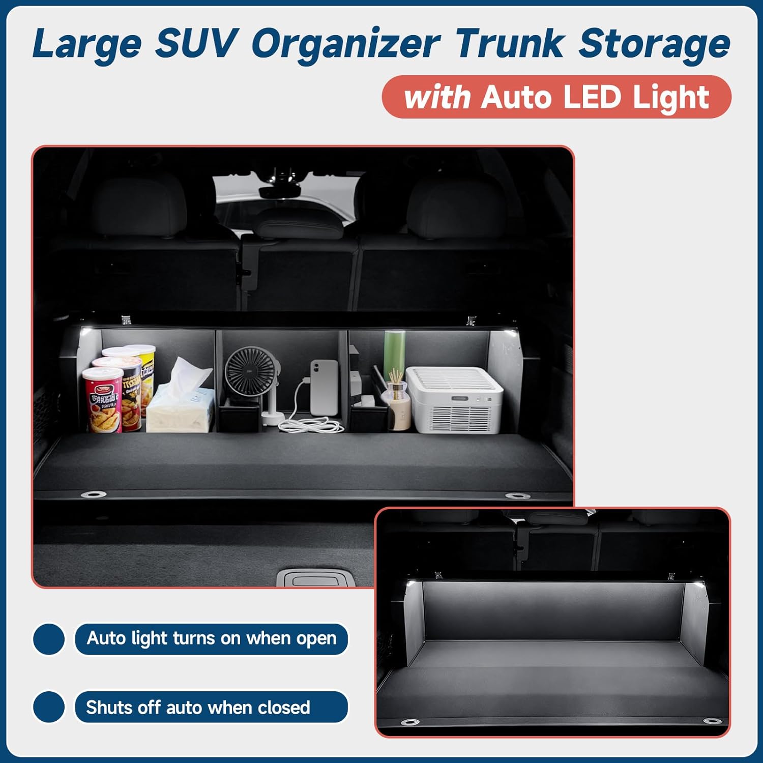 Trunk Organizer SUV with LED Light, Waterproof Leather Car Trunk Storage Organizer with Lights, Large Capacity Sturdy Car Storage Box Powered by 4 AA Batteries (Batteries Not Included)