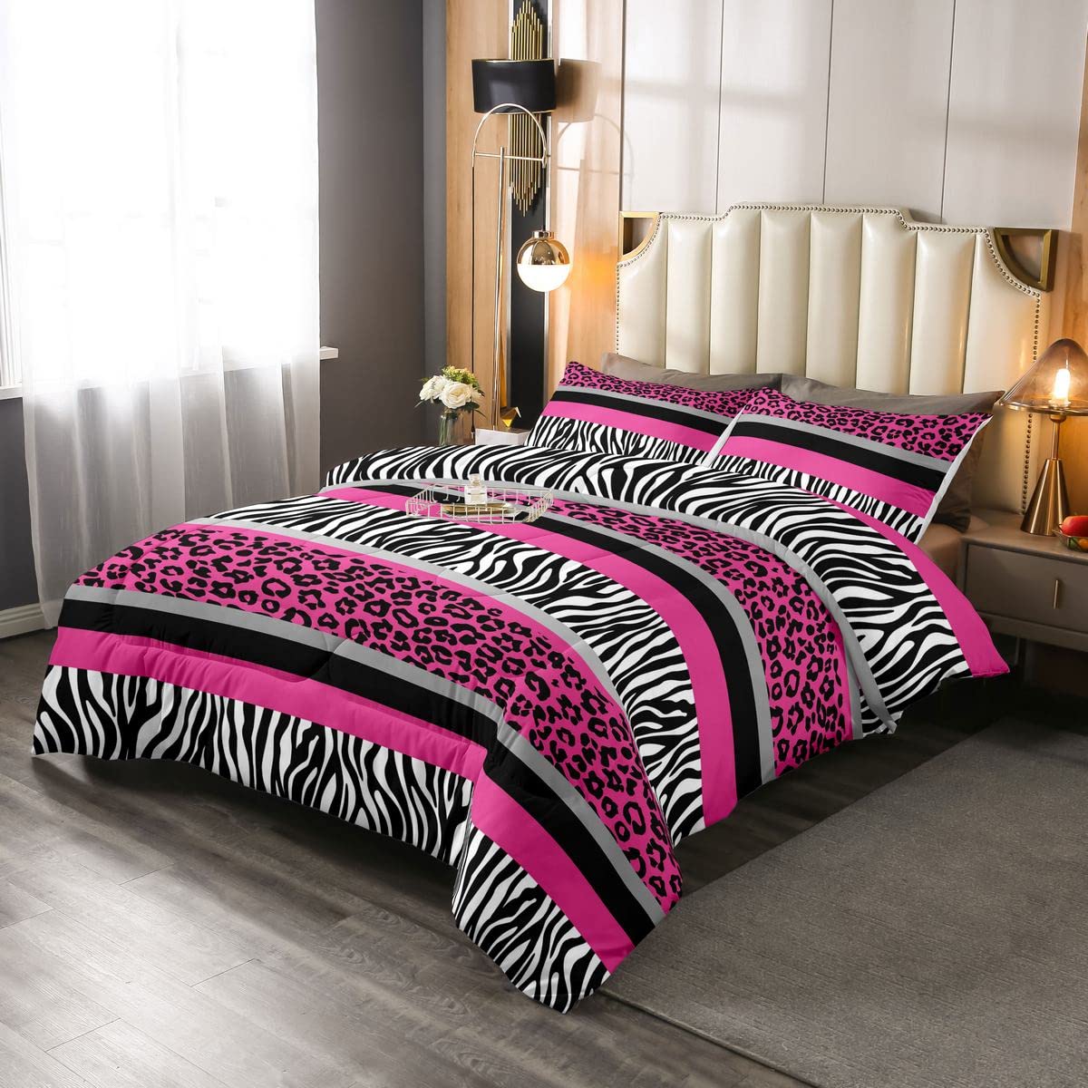 Zebra Stripes Leopard Duvet Set For Kids Boys Girls Pink Black White Zebra Leopard Fur Bedding Set Ultra Soft Wild Animal Skin Texture Down Comforter Single Size - Image 2