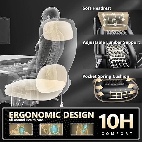 Miniatura 6 de Silla de oficina grande y alta de 650 libras con brazos abatibles 5D y cojín de resorte de bolsillo grueso, silla de oficina extra ancha y