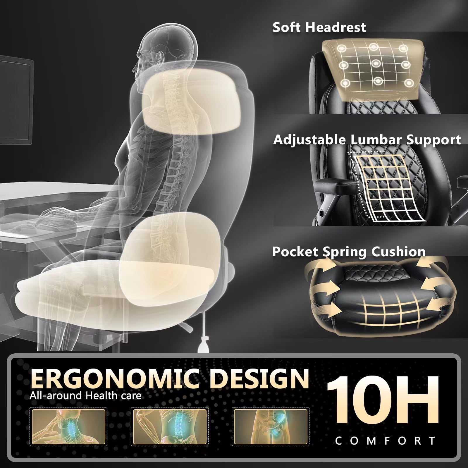 600LBS Large Heavy Duty Office Chair with 5D Flip Arms Comfy Big and Tall Executive Office Desk Chair — view 5