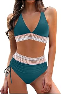 Generisch Band Watch - Bikini de cintura alta para mujer, traje de baño, bloque de color, traje de baño de dos piezas con cordón, tops de colores