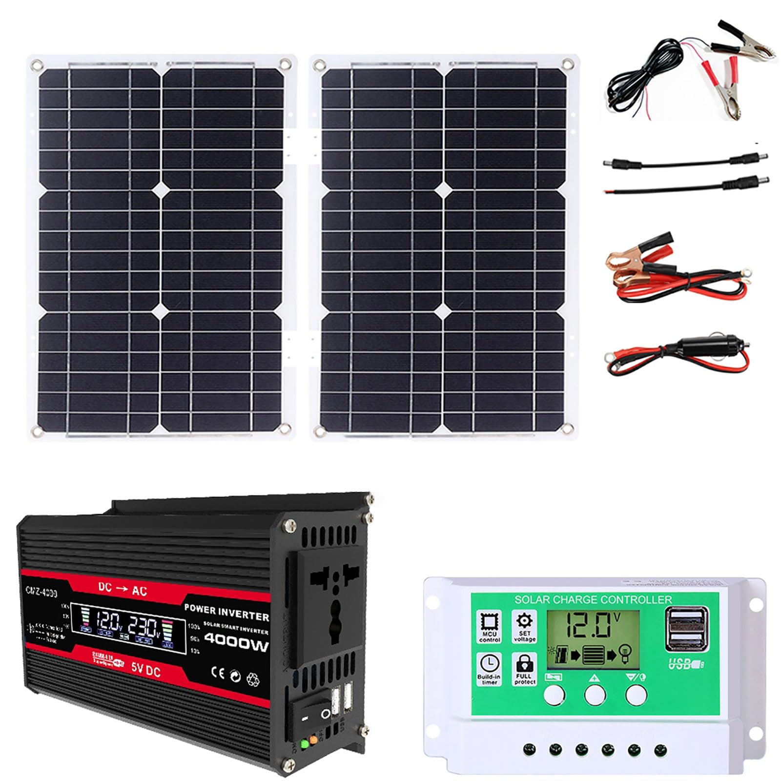 Zestaw wodoodpornych paneli słonecznych 50 W z falownikiem 4000 W – kompletne zasilanie poza siecią dla kamperów i kempingów z inteligentnym wyświetlaczem LCD(Black)
