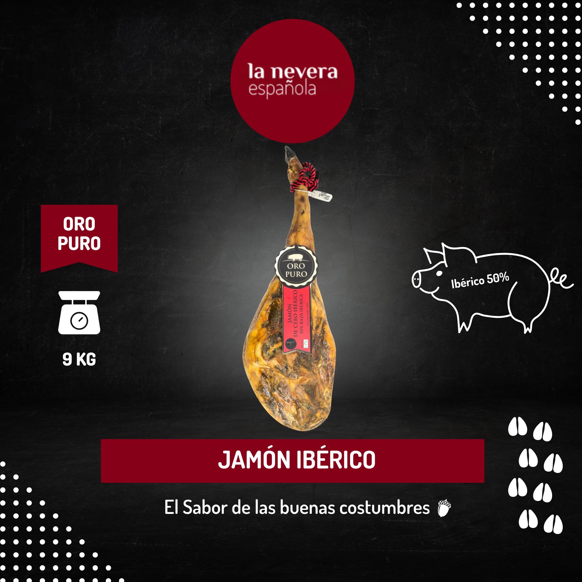 Oro Puro - Jamón de Cebo Ibérico 50% Raza Ibérica - Pieza de 9 kg Aprox con Curación + 24 meses y Secado natural - Cerdos en Régimen Extensivo