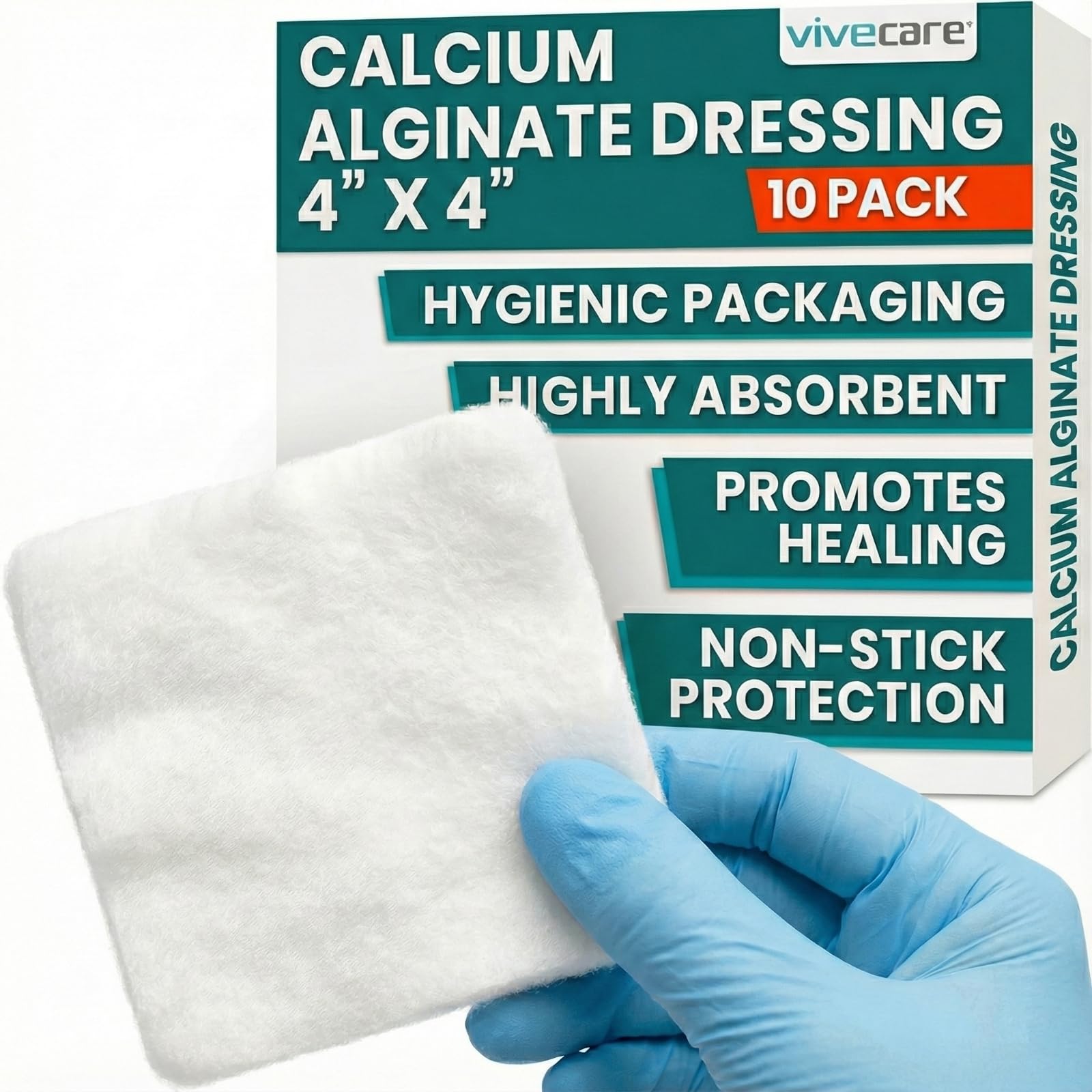 ViveCare Calcium Alginate Wound Dressing 4" x 4" (10 Pack)- Individually Wrapped, Sterile Gauze Pads - Absorbent Sterile Patches for Ulcer, Bed Sore, G Tube, & Diabetic Foot - Non-Stick Burn Treatment