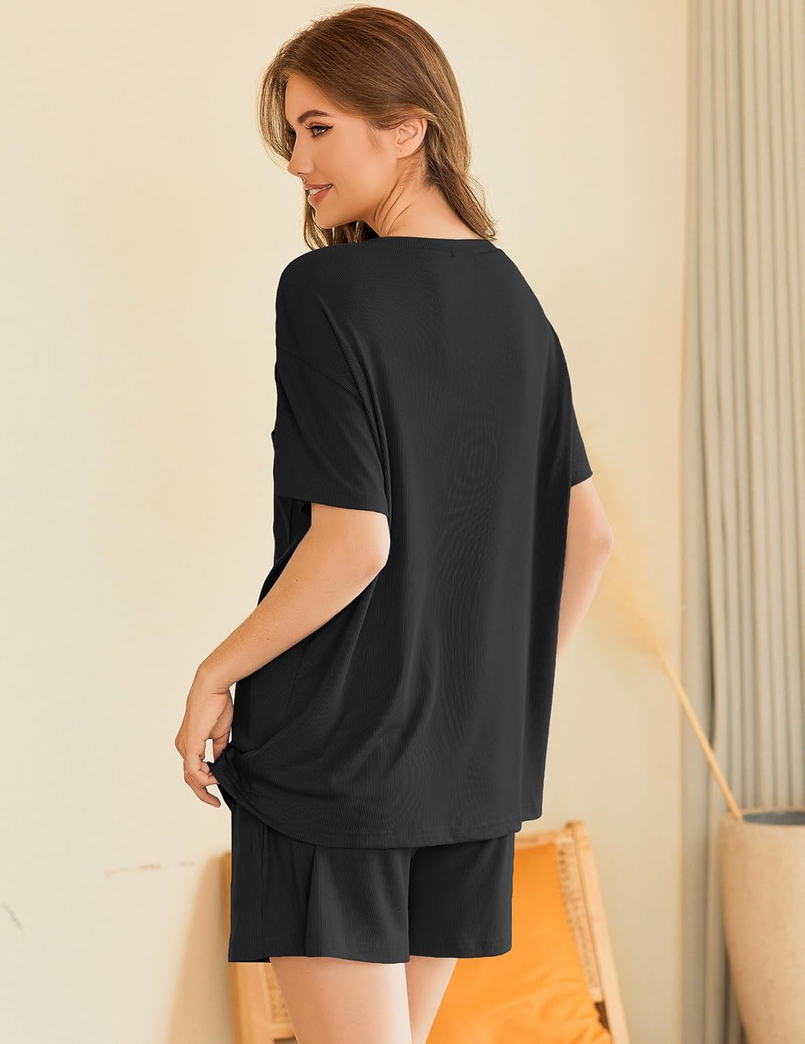 Ekouaer Womens Pajama Sets 2 Piece Ribbed Knit Pjs Short Sleeve Soft Sleepwear Summer Lounge Sets,Black,L - Image 2