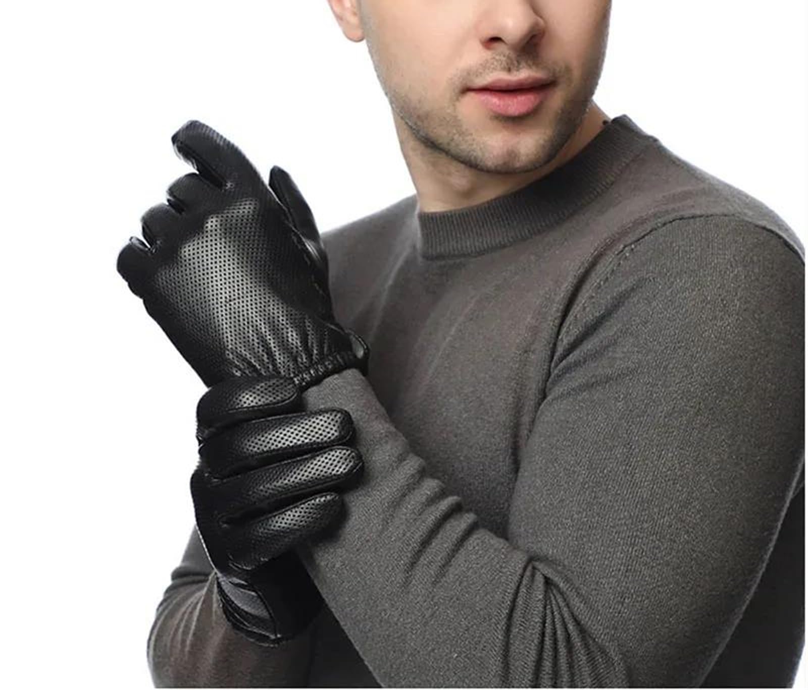 Guantes de piel de cabra auténtica para hombre, color negro, para pantalla táctil, con forro de seda fina, guantes de vestir para ciclismo y conducción