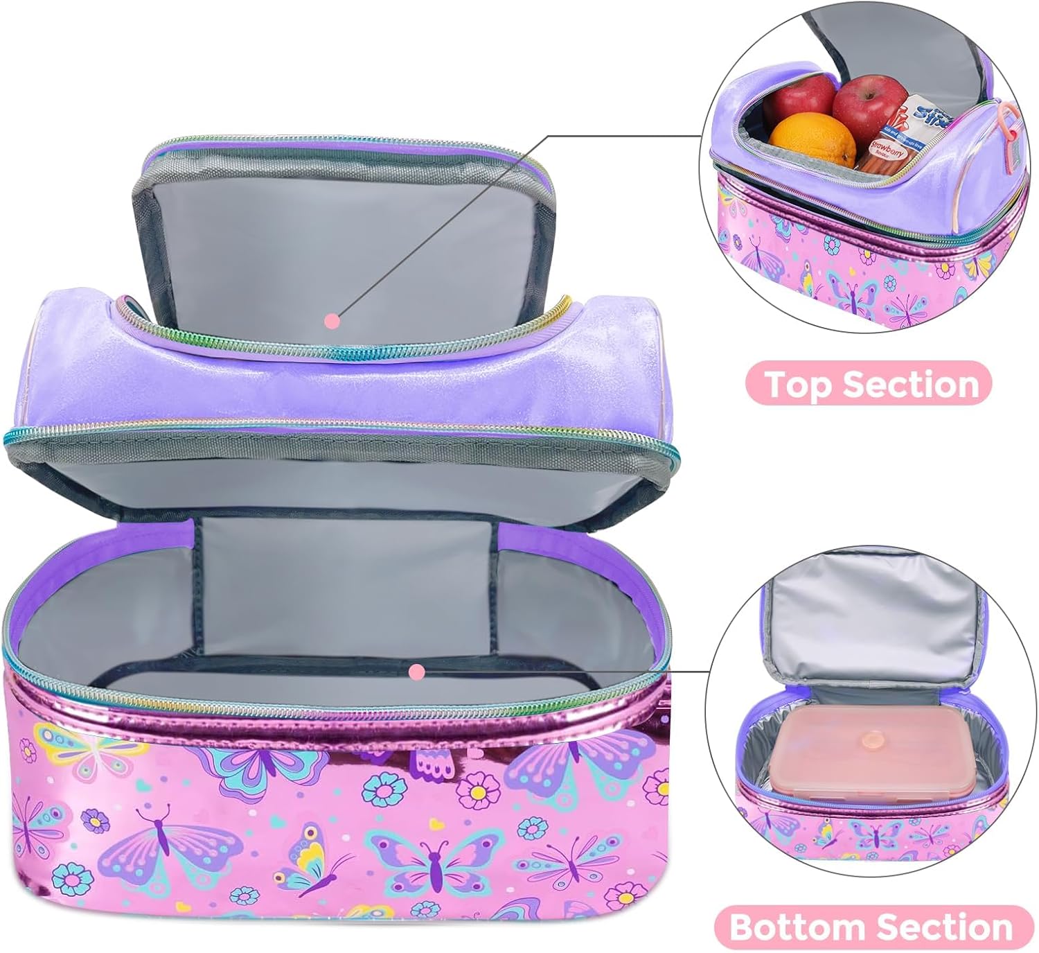 RLGPBON Kids Lunch Bag,Insulated Lunch Box for Girls,Butterfly Lunch Bag Girls for School Daycare Cute Travel Lunch Tote Bags