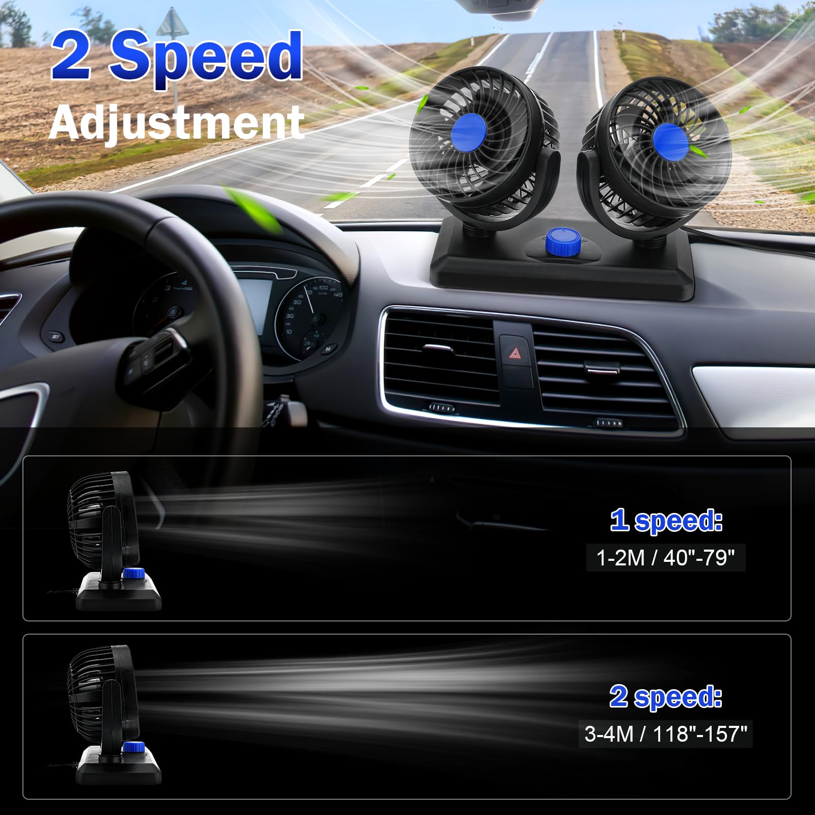 Ventola di raffreddamento portatile per auto, ventola a doppia testa per auto da 12V/24V con ventola di raffreddamento elettrica a 2 velocità regolabile a rotazione di 360° (12V blu)