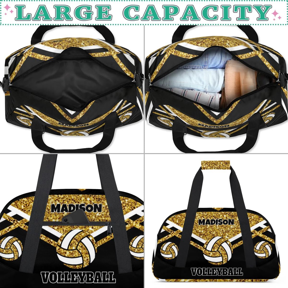 Custom Volleyball Bag for Sports Duffel Bag, Personalized Gym Bag Customize Travel Duffle Bag with Name, Gold Sequins with Black