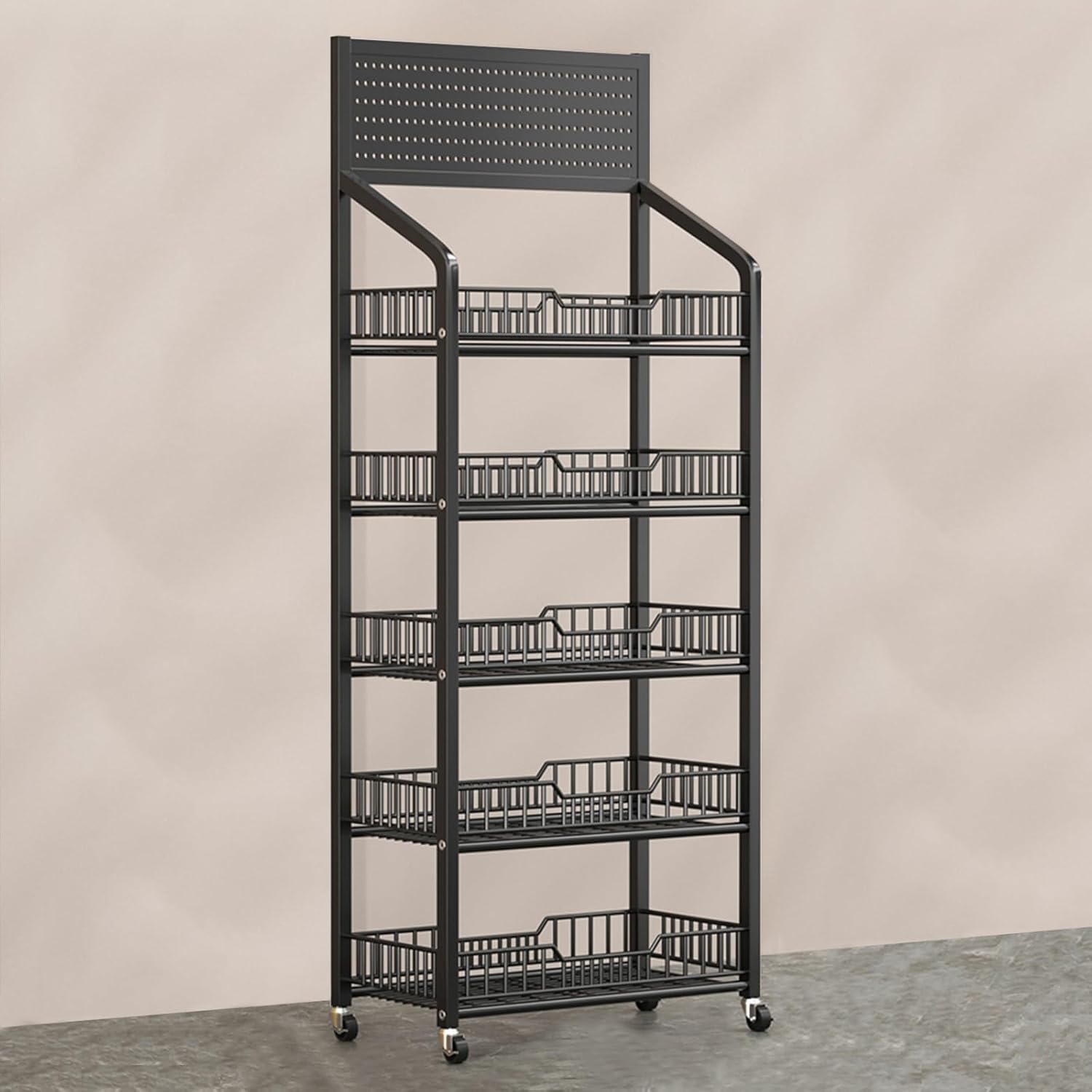 Commercial Supermarket Shelf Display Rack 4 5 Tier, Floor-Standing Snacks/Medicine Organizer Stand with Wheels, Portable Chip Holder for Pantry Kitchen Office(Black,5 Tier)