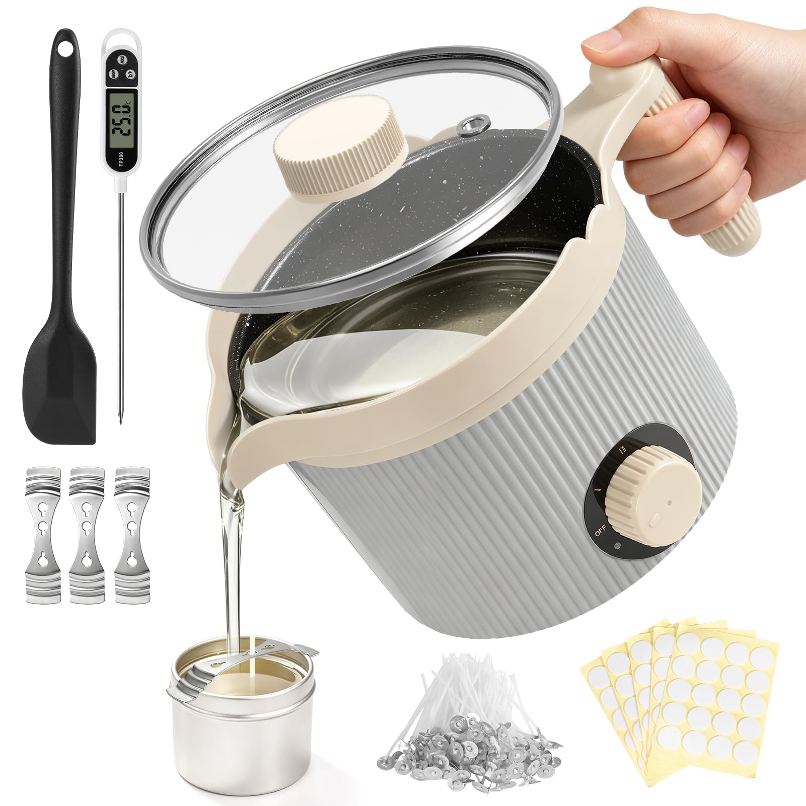 Lomffy Kit per sciogliere la cera per candele con beccuccio, kit per realizzare candele con stoppini, cucchiaio, termometro, adesivi e dispositivo di centraggio