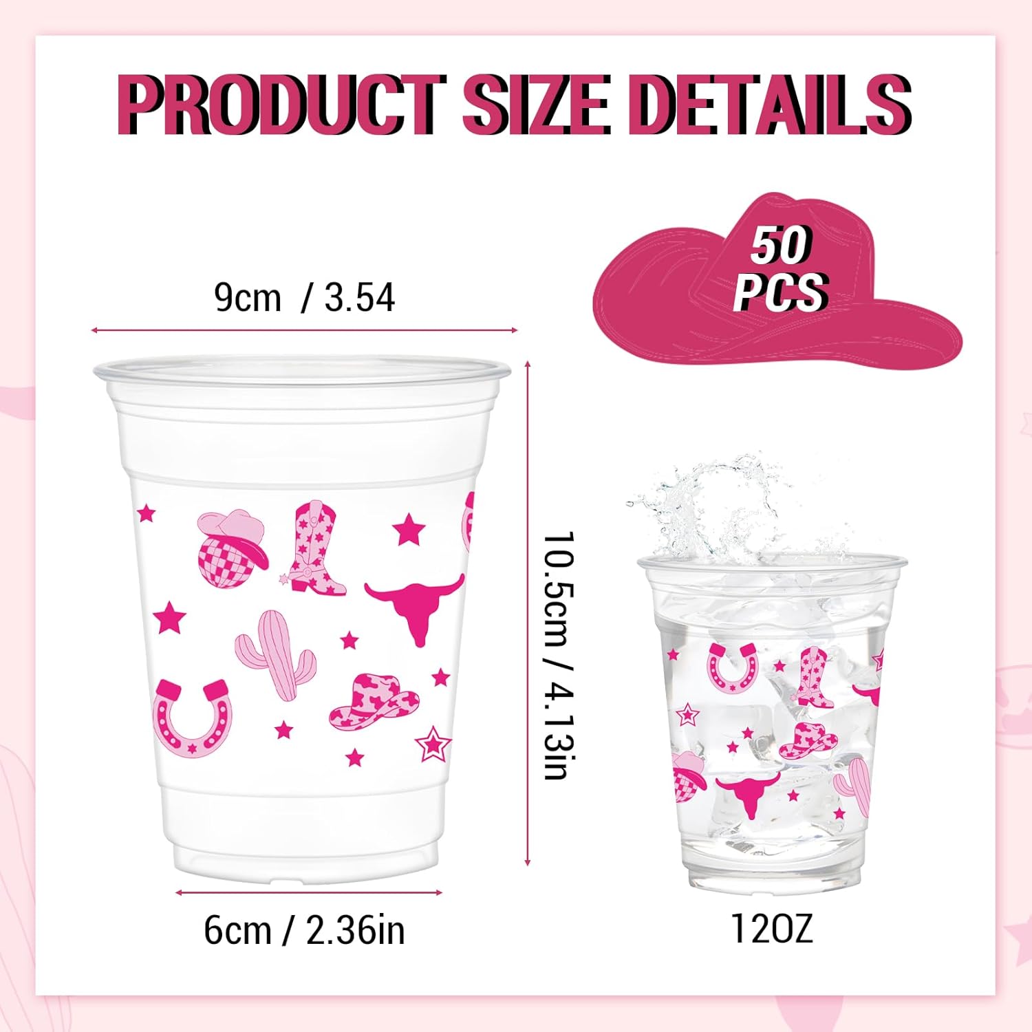 50Pcs Western Cowgirl Plastic Cups, 12 oz Pink Cowgirl Boot Clear Cups for Cowgirl Birthday Party Baby Shower Last Rodeo Party Supplies - Image 3