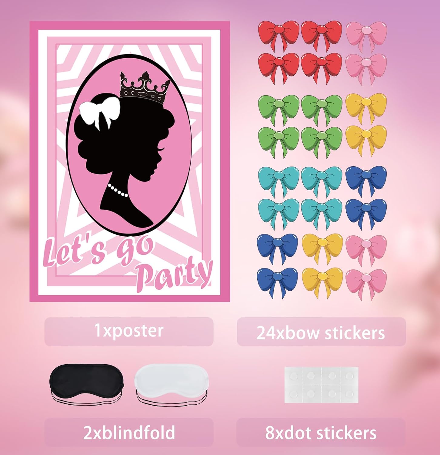 SietDESEO Pink Girl Princess Party Supplies Decoration Pin The Bow on The Princess Game with 24 Bow Stickers Large Poster for Kids Girls Birthday Carnival Party Supplies