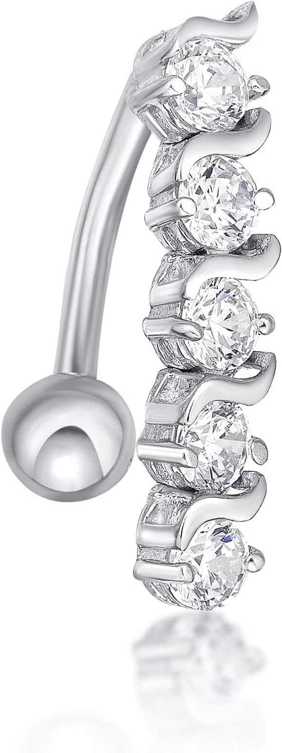 Lavari Jewelers 16 Gauge Top Mount Belly Ring for Women - 10k White or Yellow Gold 12 mm Cubic Zirconia Belly Ring for Her - CZ Unisex Stud Hypoallergenic Piercing Jewelry - 16G Body Piercing for Men