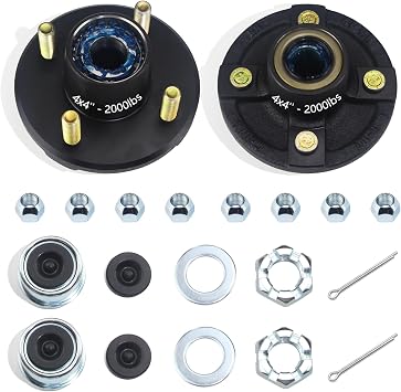 Pre-Greased 4 on 4 Trailer Hub Kit for 2000 lb 1 Straight Axle | 4x4 Trailer Idler Hubs 4 Lug, Pre-assembled L44643 Bearings & 1.25 ID Grease Seals, for 1 Spindle Trailers Fast Repair