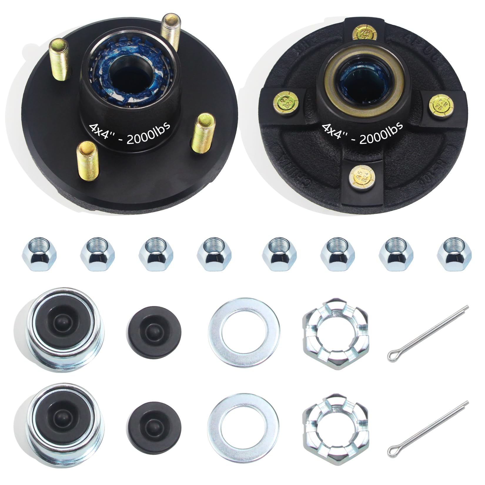 Photo 1 of GREPSPUD 2 Sets Trailer Hub Kits 4 on 4'' for 2000 lbs 1'' BT8 Straight Axle Spindle, Prelubricated L44643 Bearings 4x4'' Trailer Replacement Idler Hub 4 Lug Bolt Trailer Wheel Hub Kit