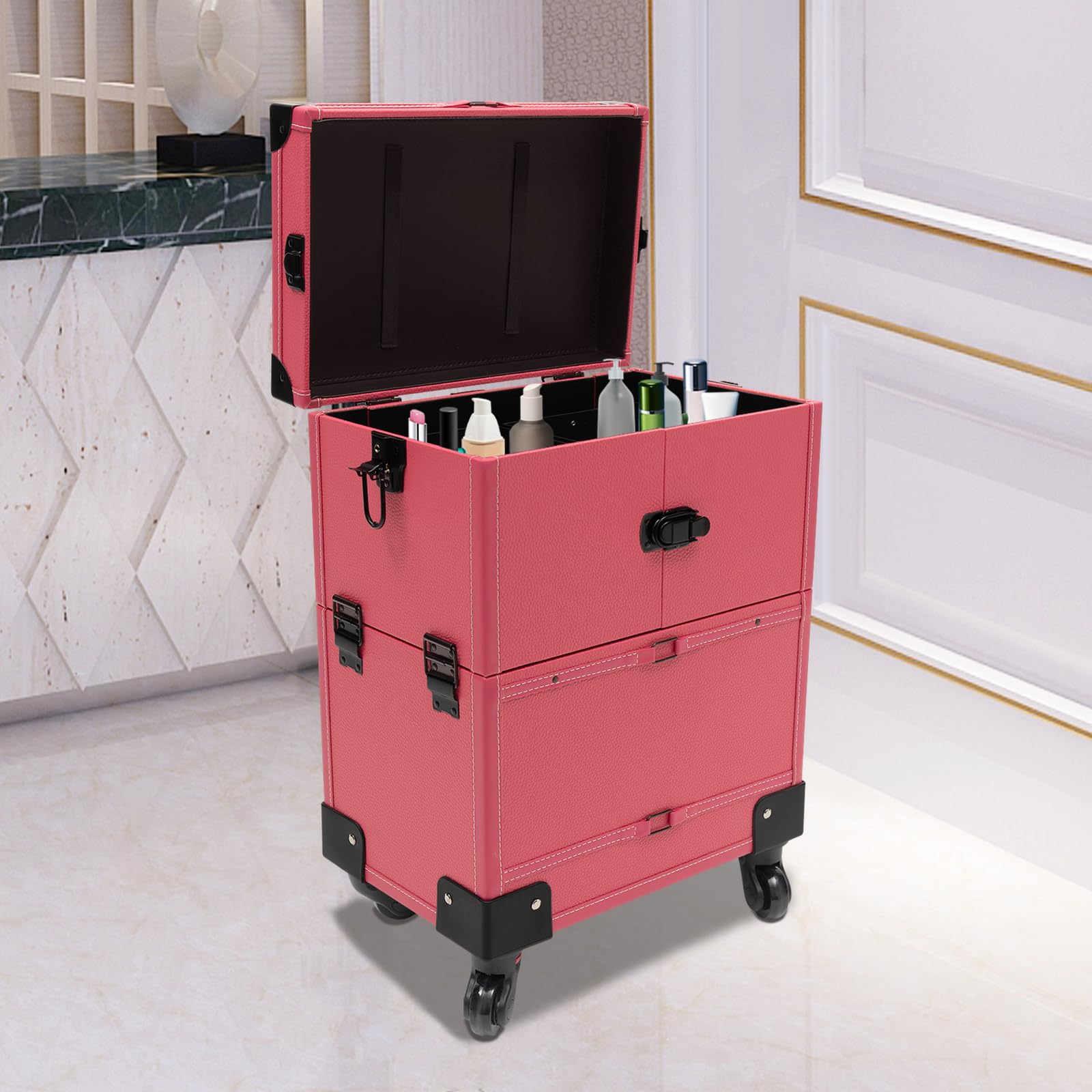 Rolowany zestaw do makijażu z szyną, 4 tace, zwijany produkt do makijażu z szufladą, walizka podróżna do makijażu, tatuażu, Nail Tech, Rosa, Nowoczesny