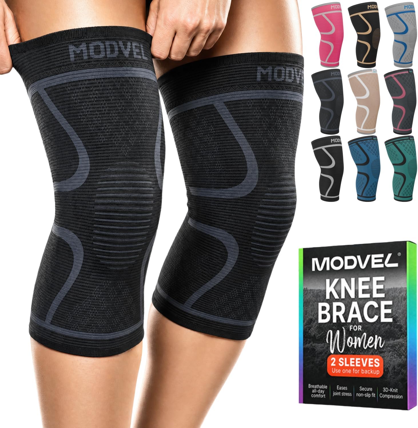 Modvel 2 Pack Knee Brace for Women & Men - Knee Support for Walking, Knee Compression Sleeves for Pain Relief, Knee Sleeves for Women, Knee Sleeves for Men, Knee Brace for Sports, Workouts & Arthritis