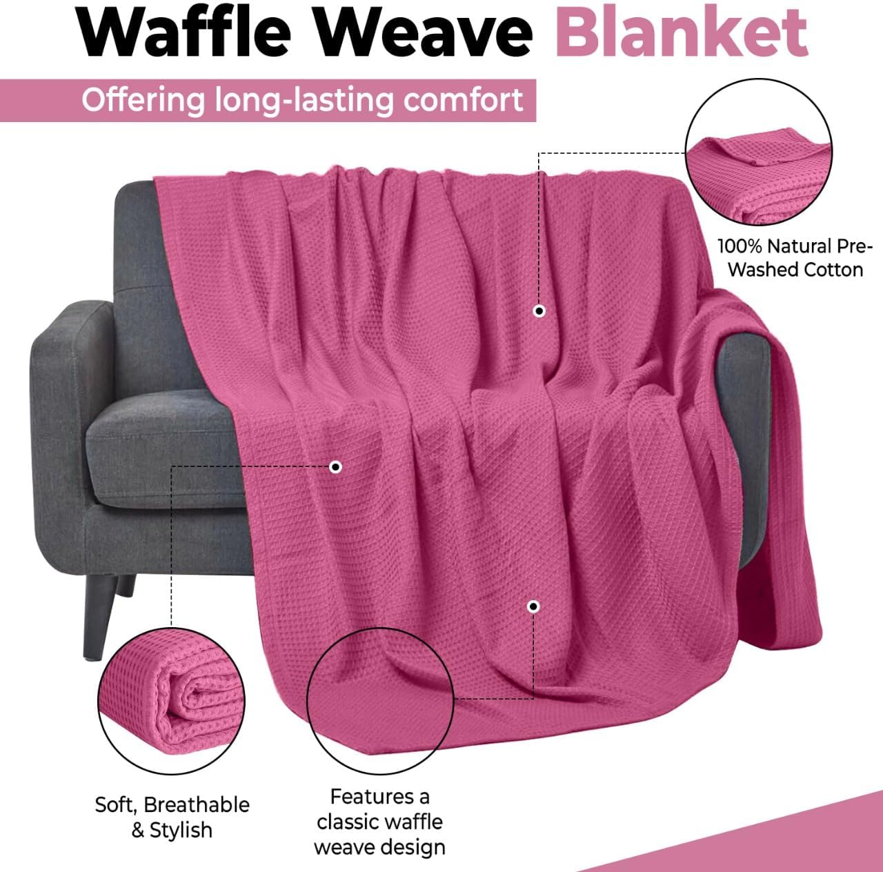 100% Cotton Blankets Throw Size for Bed - Waffle Weave Blankets for Summer, Lightweight and Breathable Soft Woven Blanket for Spring, White, 90x90 Inches (Pink, Throw (50" x 60")) - Image 3