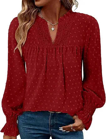 BETTE BOUTIK Women Boho Long Sleeve Shirts Dressy Casual V Neck Fall Fashion Tops Swiss Dot Flowy Blouses