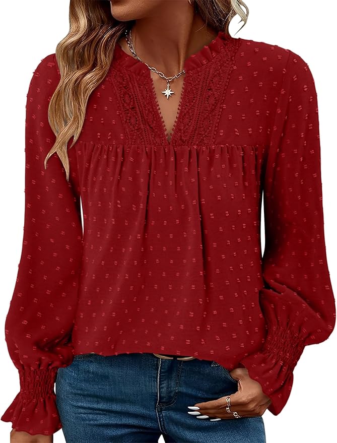 BETTE BOUTIK Women Boho Long Sleeve Shirts Dressy Casual V Neck Fall Fashion Tops Swiss Dot Flowy Blouses