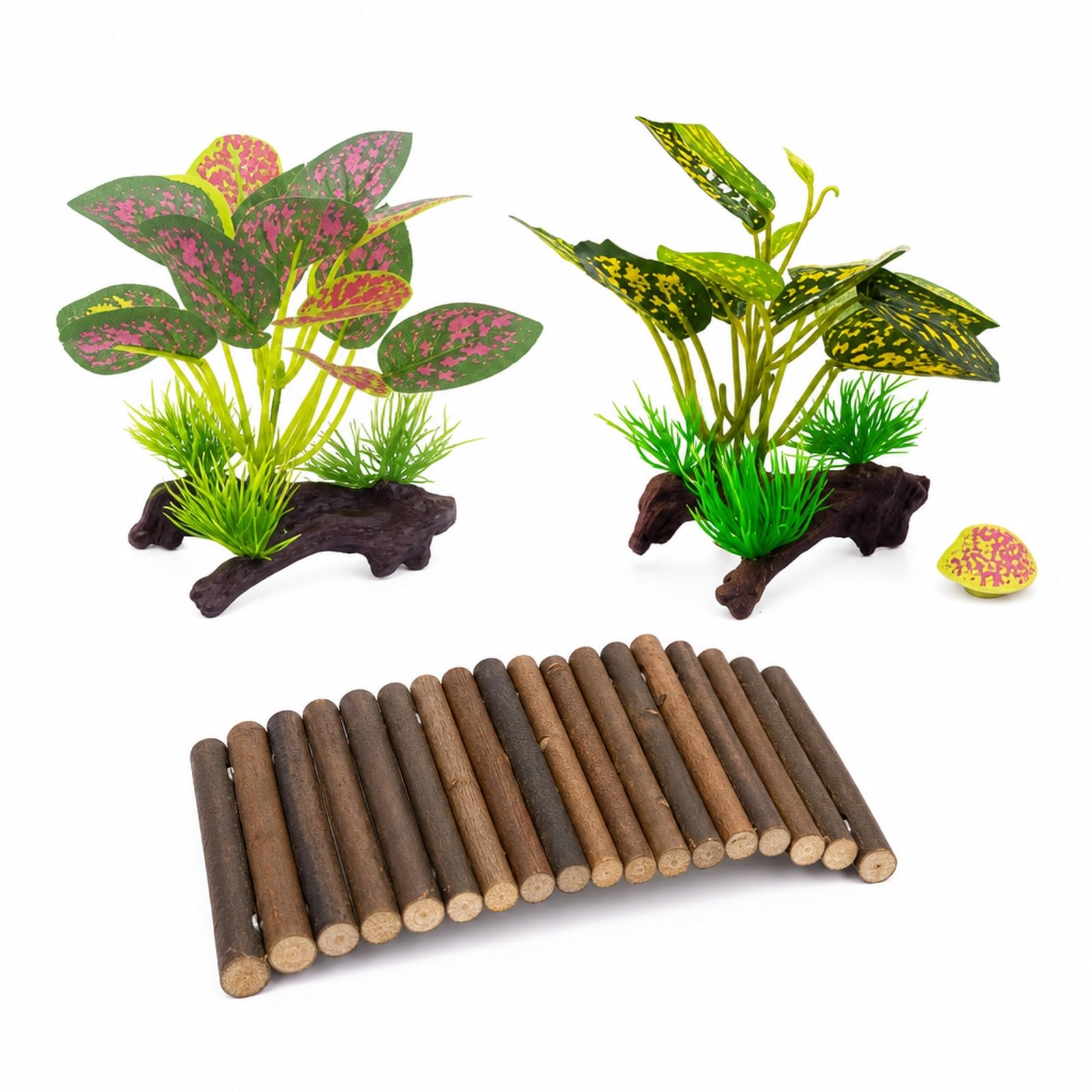 ruixiwei 3PCS Tortoise Enclosure Accessories, Tortoise Accessories with 2 Artificial Plants and Curved Bridge for Habitat Display