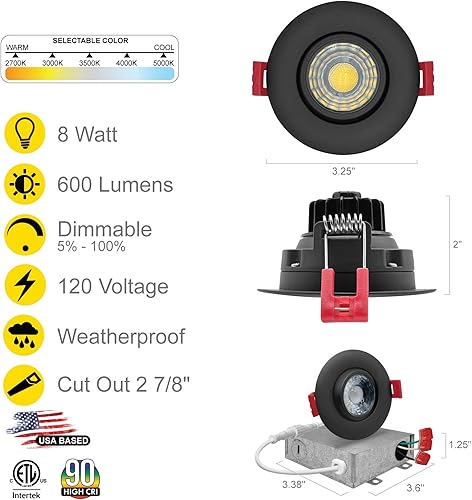 Miniatura 2 de NUWATT Foco empotrable LED de 3 pulgadas (paquete de 16) sin lata todo en 1 con 5 interruptores de color CCT 27k 30k 35k 40k 50k, 8W, 600 lúmenes,