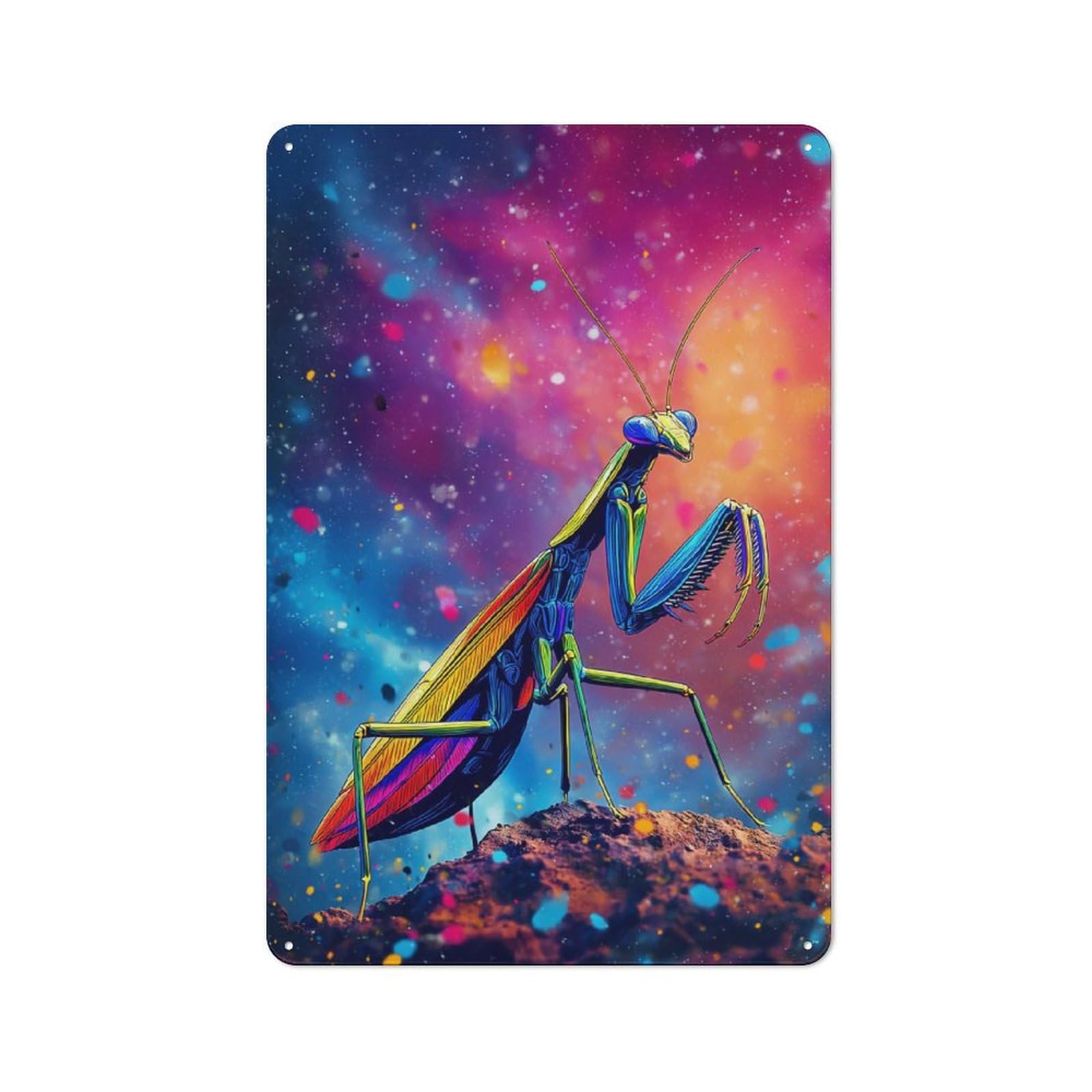 Junmoney Colorful Praying Mantis In Space-1 Colorful Praying Mantis In Space Retro Printed Metal Sign 30X20cm For Living Room Wall, Wall Decor For People Reorganising Living Room
