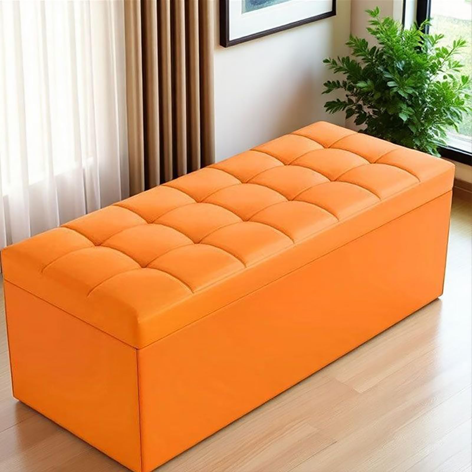 KLGFBDC Tufted Faux Leather Storage Ottoman Bench 660 Lbs Capacity Foot Rest Stool for Living Room Bedroom Entryway Shoe Storage Stylish Orange (60x40x40cm)