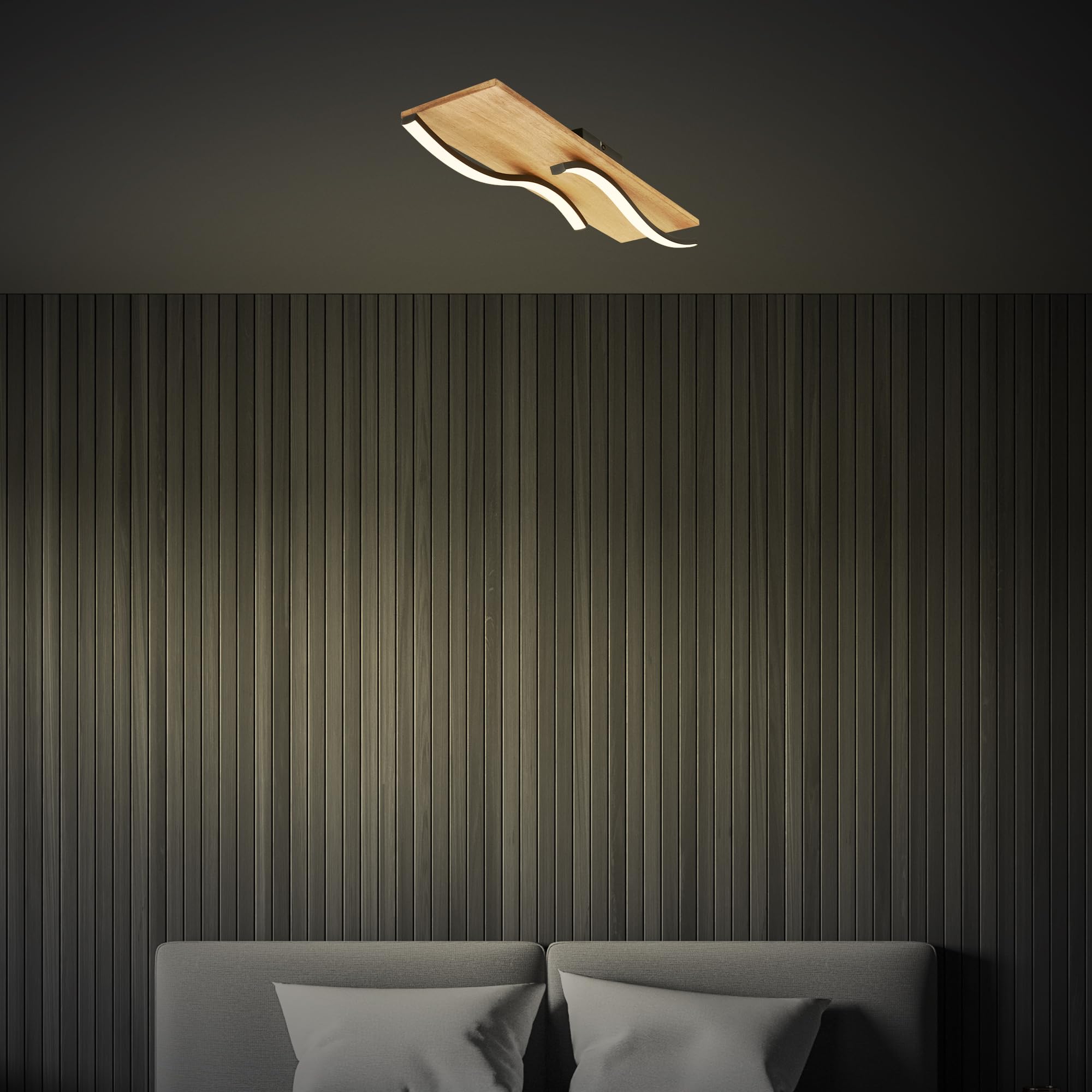 Briloner - Plafoniera LED vintage a forma di onda, luce bianca calda, base in legno, plafoniera LED, lampada, lampada da soggiorno, 55 cm, legno nero