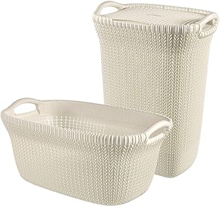 CURVER | Lot coffre et panier à linge KNIT, Aspect tricot, Oasis blanc, Plastique