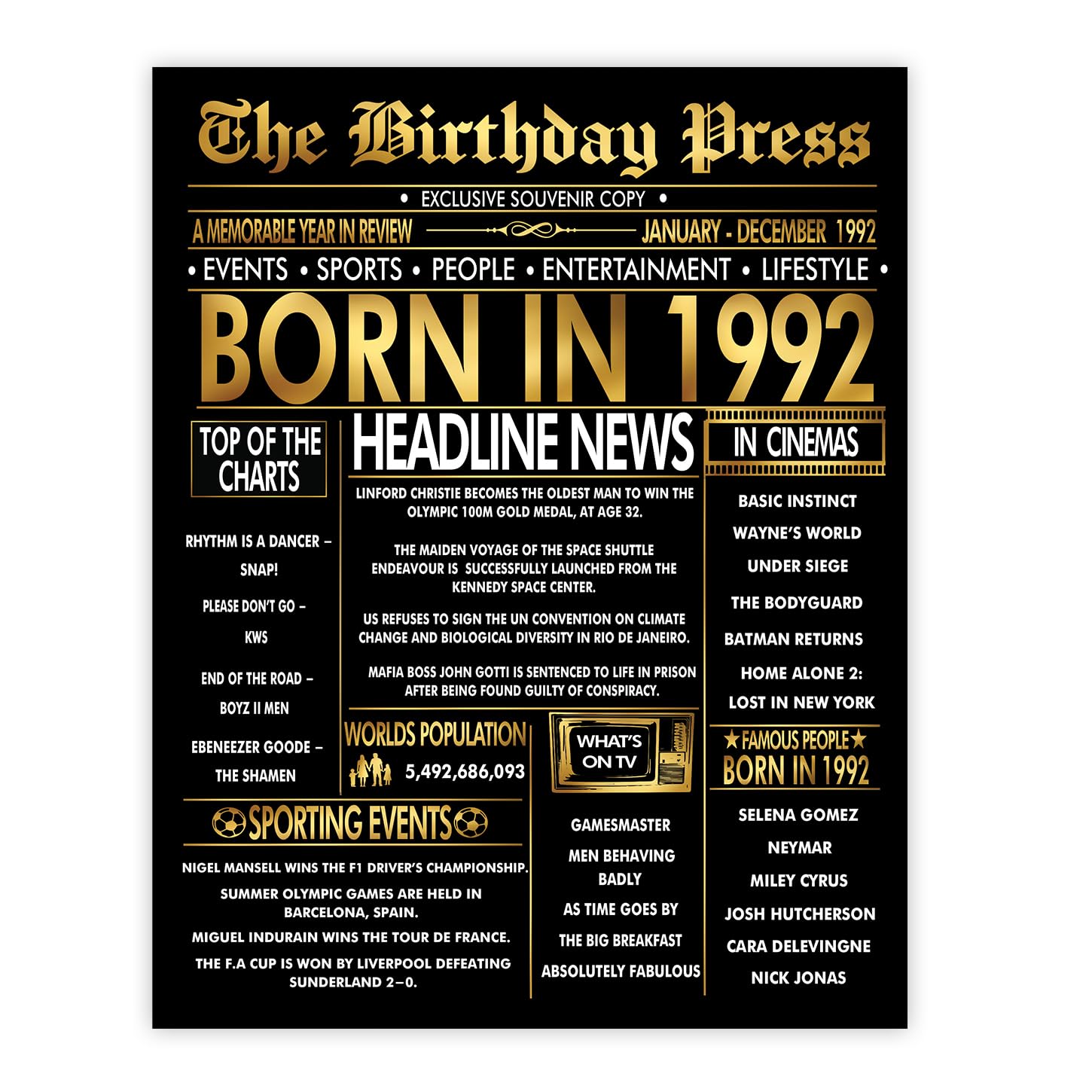 Stuff4 Men's 1992 Gold 34Th Birthday Poster Unframed - Golden Born In Newspaper - Happy 34 Birthday For Wo Retro Vintage Gifts Back In 8X10 Inch Bday Party Decor Decoration